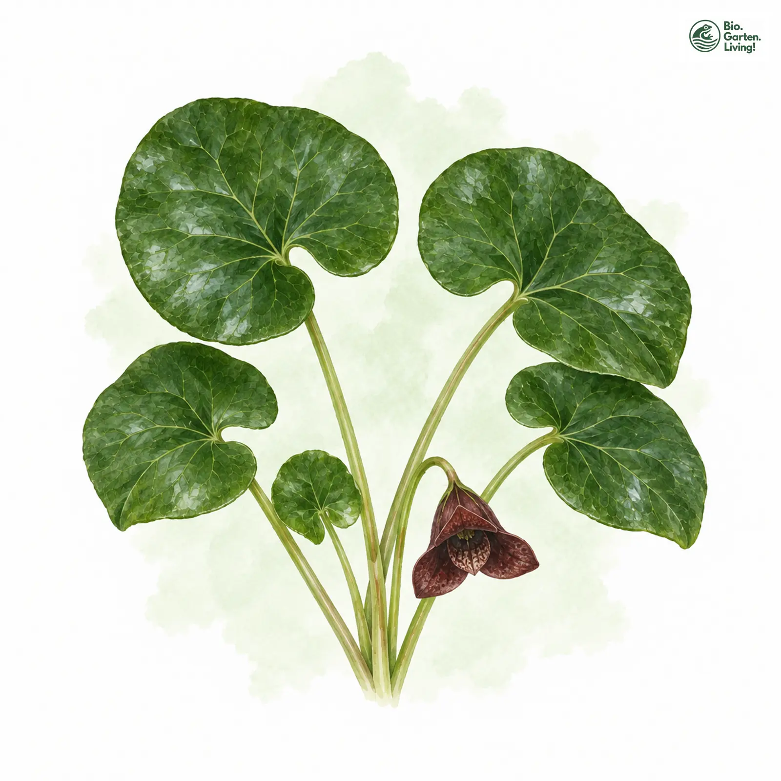 Aquarellzeichnung: Europäische Haselwurz (Asarum europaeum)