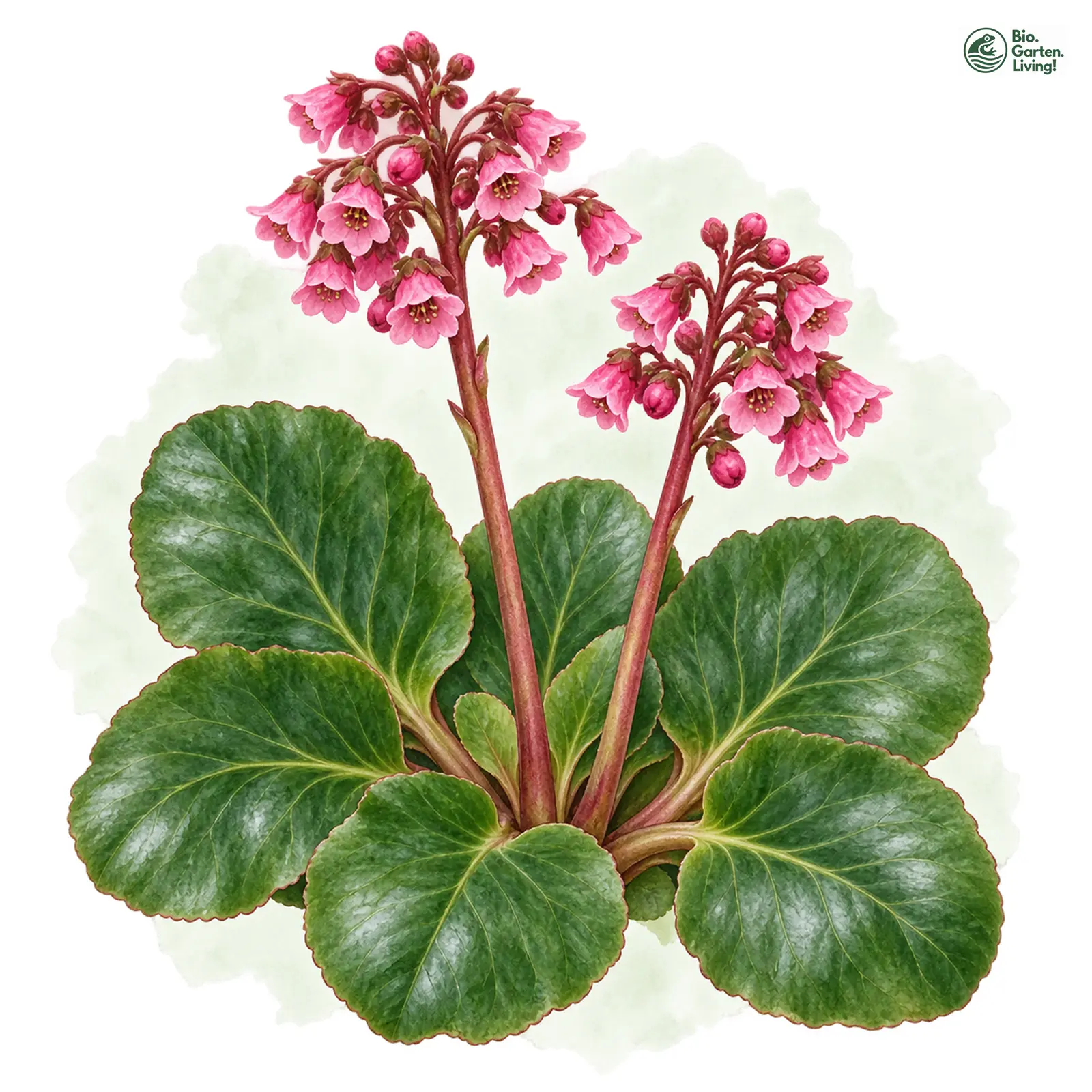 Aquarellzeichnung: Herzblättrige Bergenie (Bergenia cordifolia)