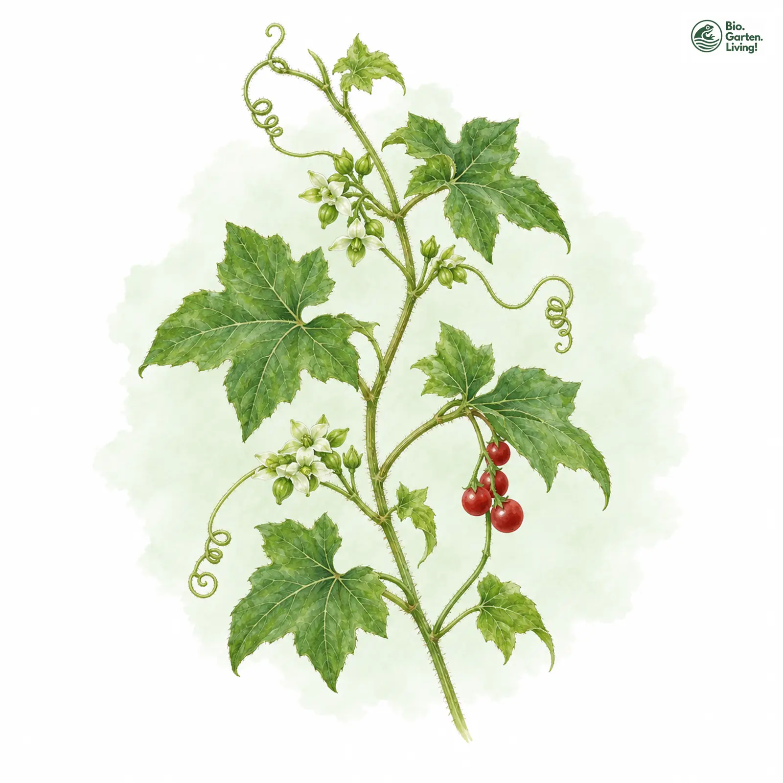 Aquarellzeichnung: Rotbeerige Zaunrübe (Bryonia dioica)