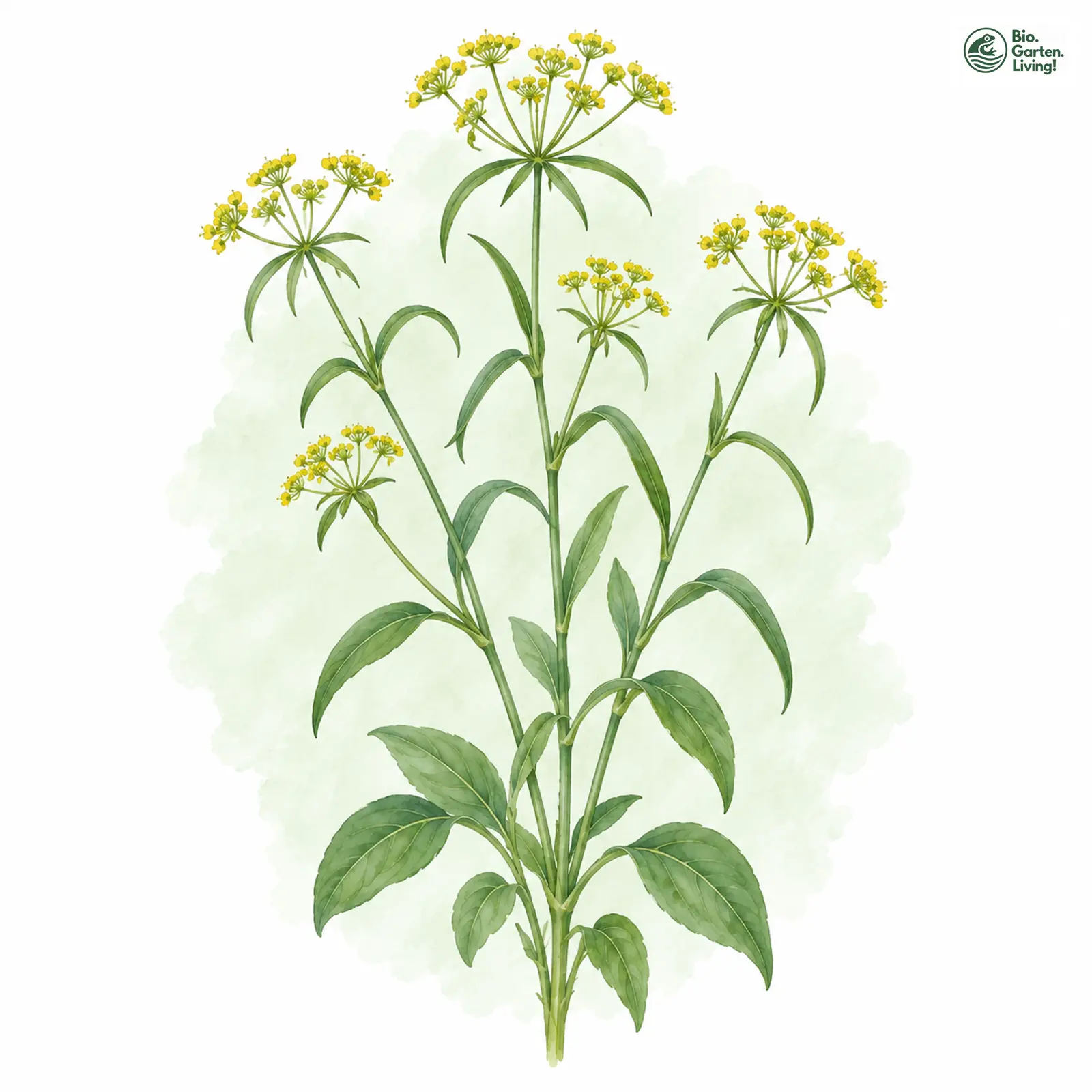 Aquarellzeichnung: Sichel-Hasenohr (Bupleurum falcatum)