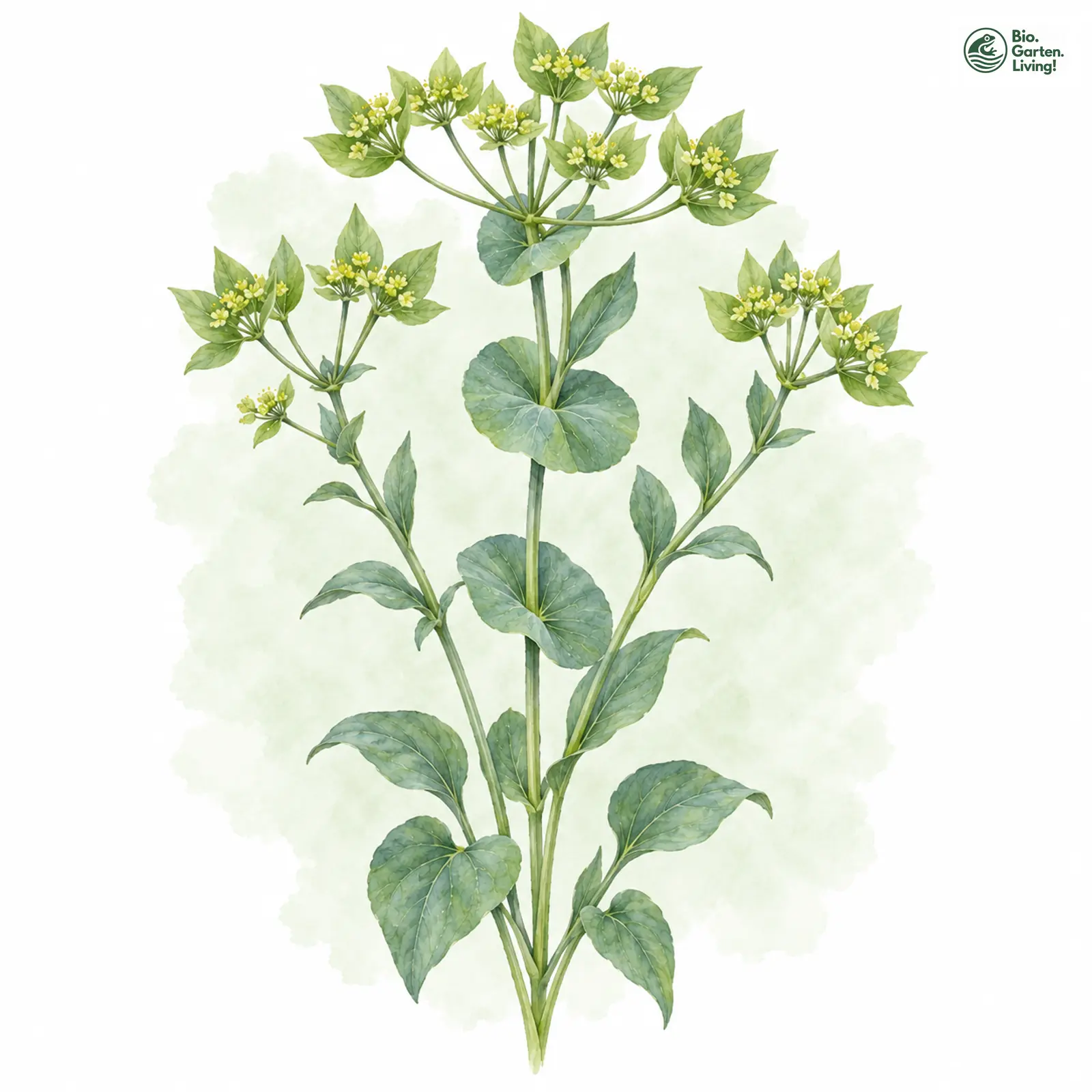 Aquarellzeichnung: Rundblättriges Hasenohr (Bupleurum rotundifolium)