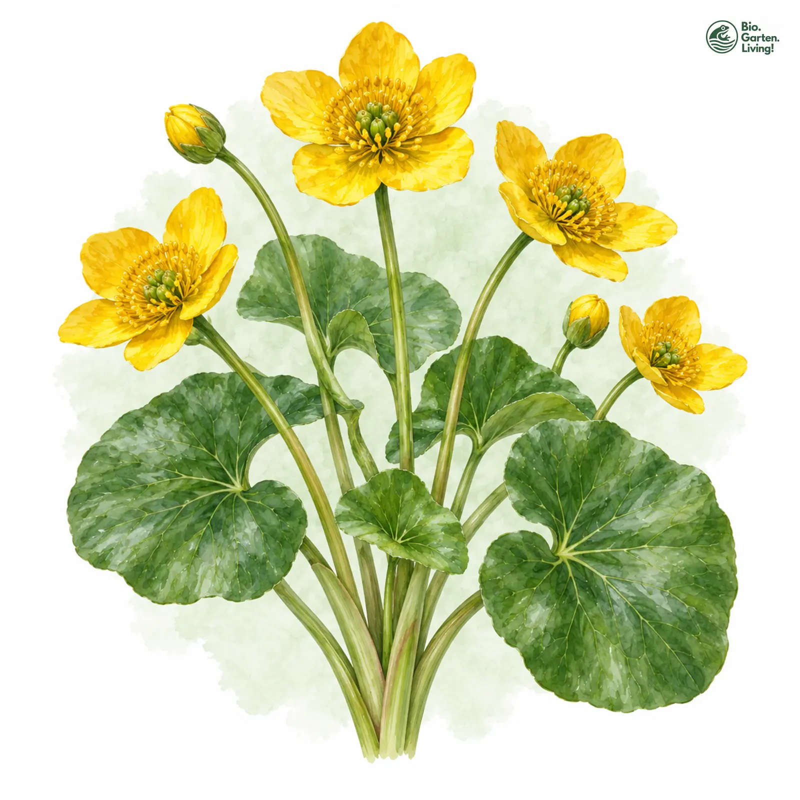 Aquarellzeichnung: Sumpf-Dotterblume (Caltha palustris)