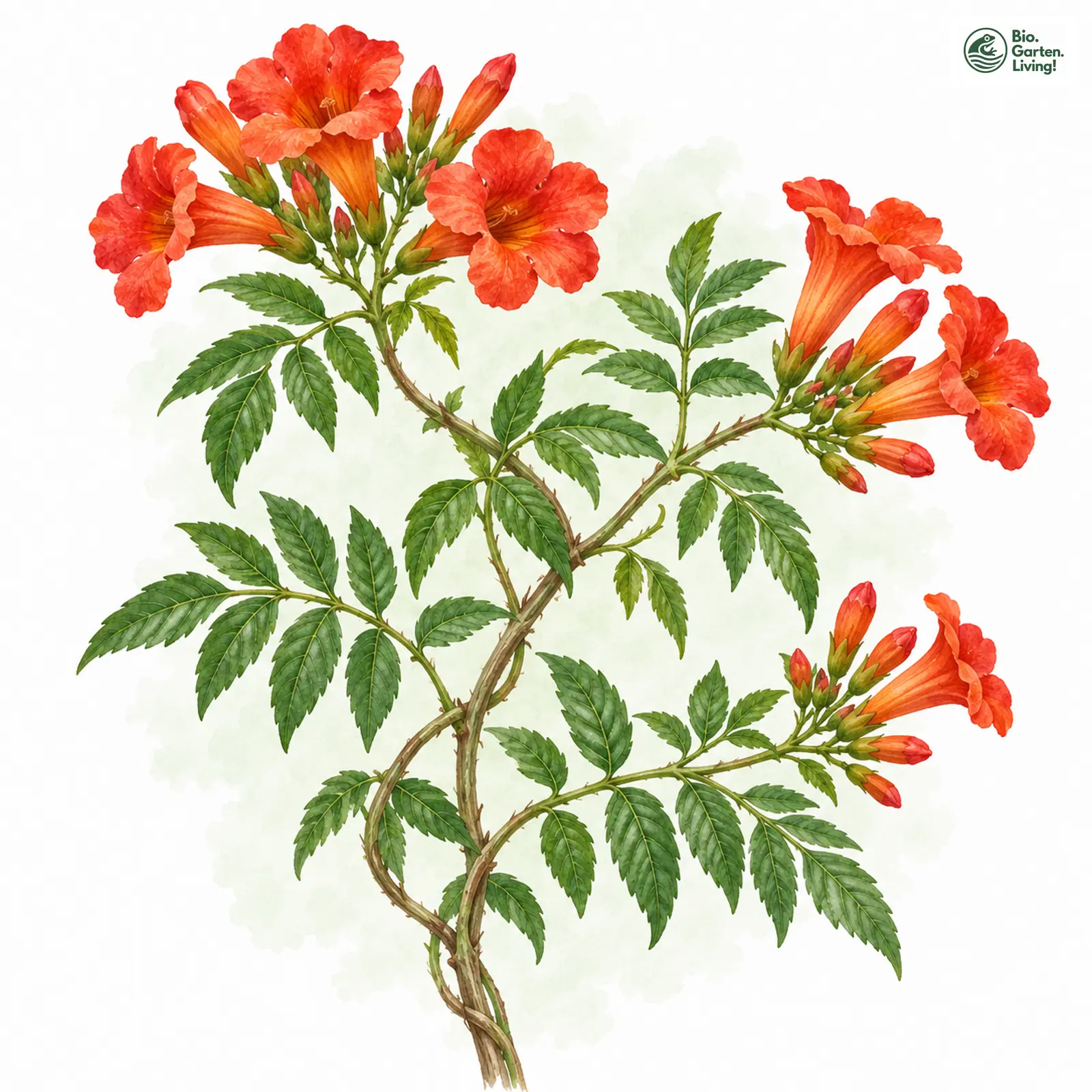 Aquarellzeichnung: Amerikanische Klettertrompete (Campsis radicans)