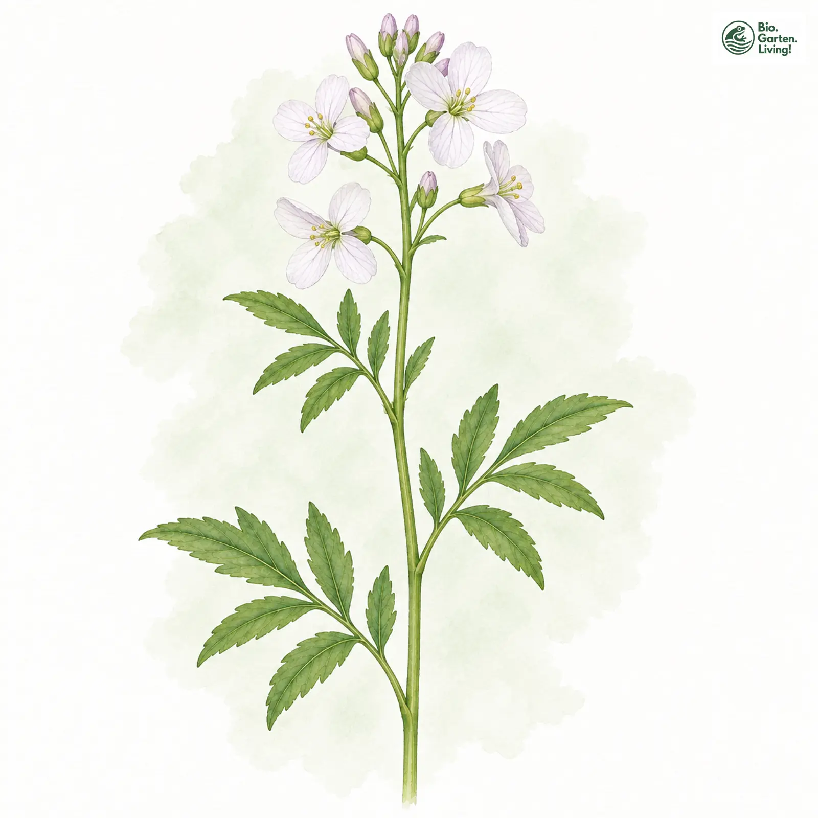Aquarellzeichnung: Fieder-Schaumkraut (Cardamine heptaphylla)