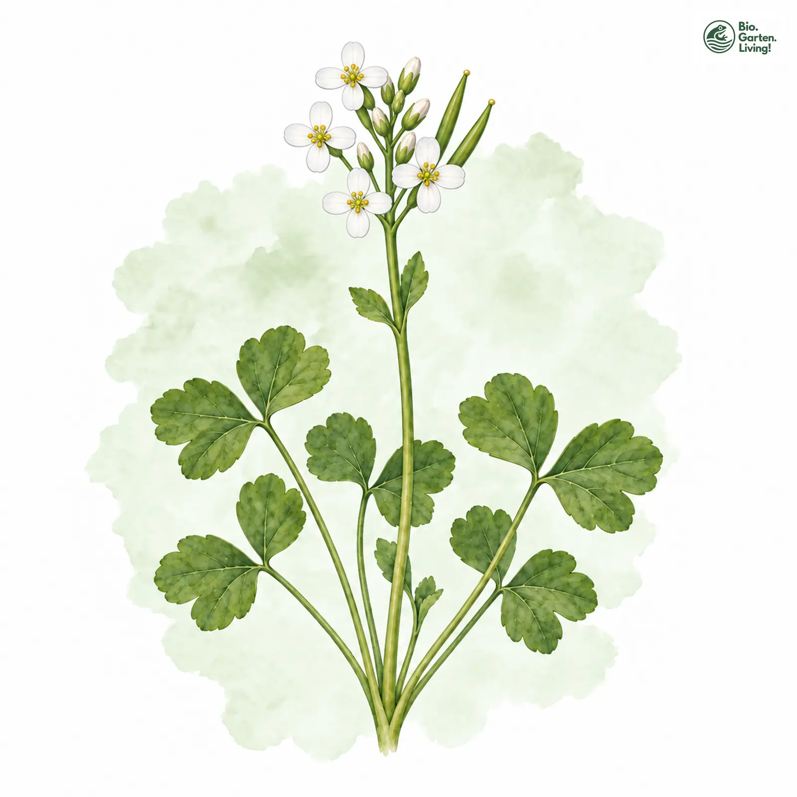 Aquarellzeichnung: Kleeblatt-Schaumkraut (Cardamine trifolia)