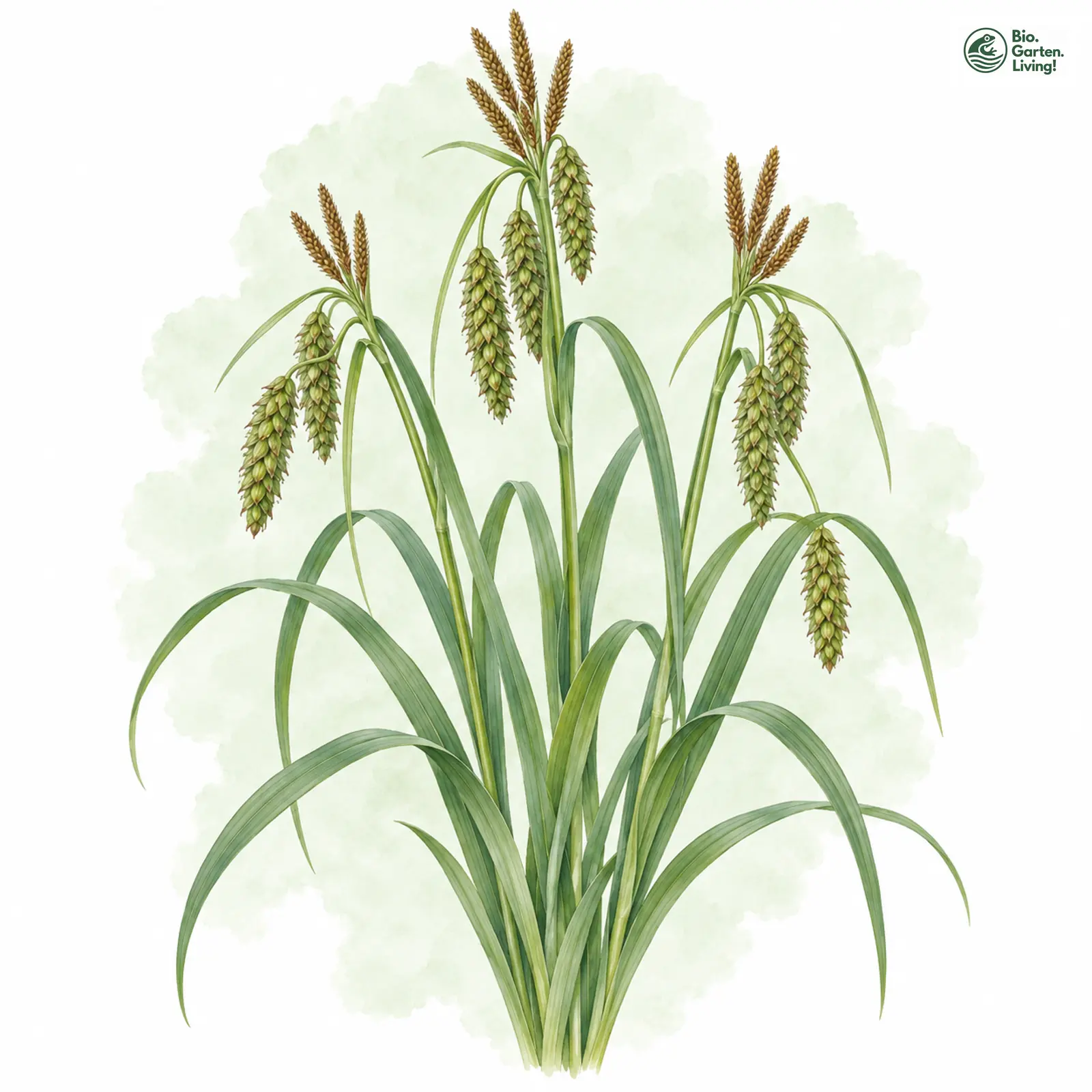 Aquarellzeichnung: Ufer-Segge (Carex riparia)