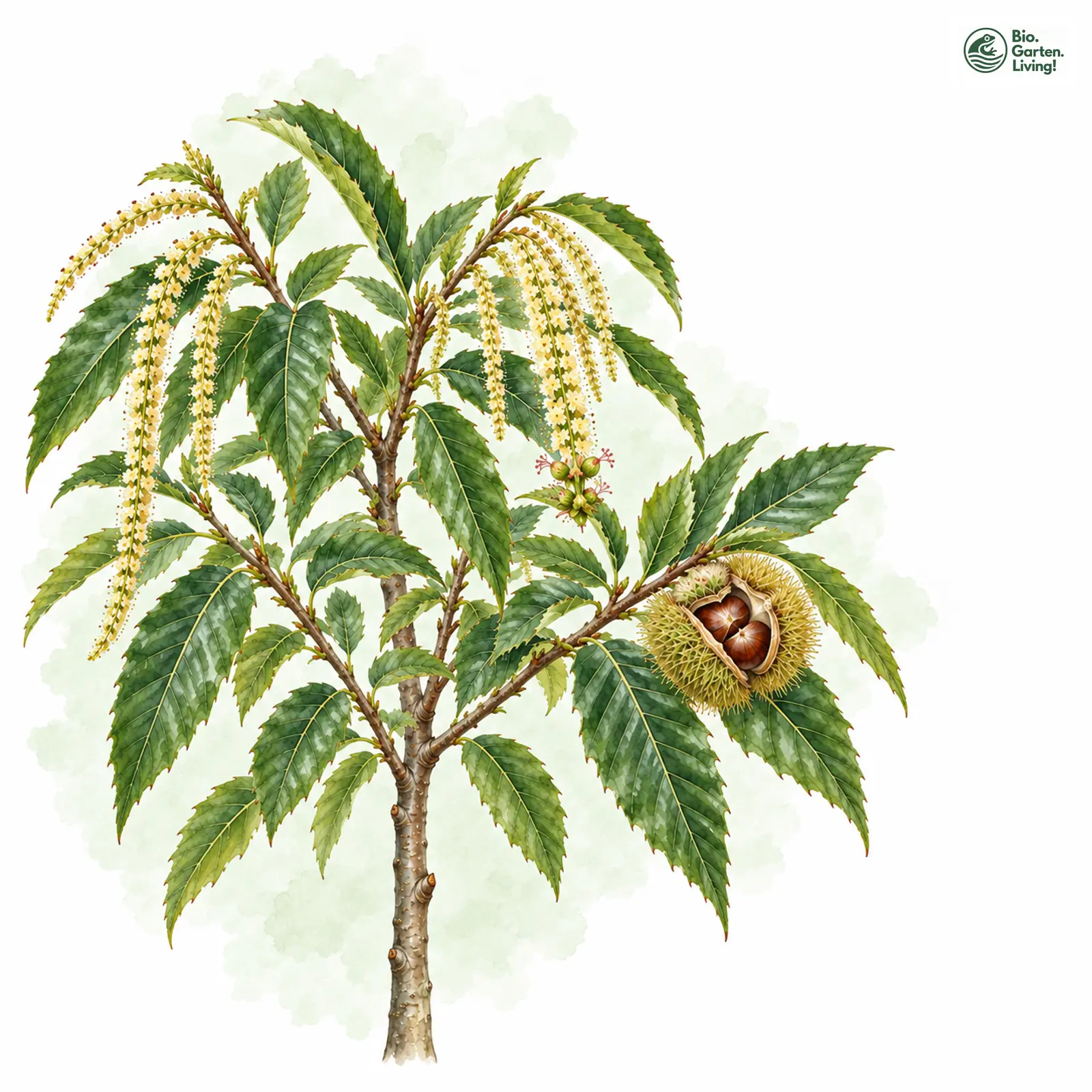 Aquarellzeichnung: Ess-Kastanie (Castanea sativa)