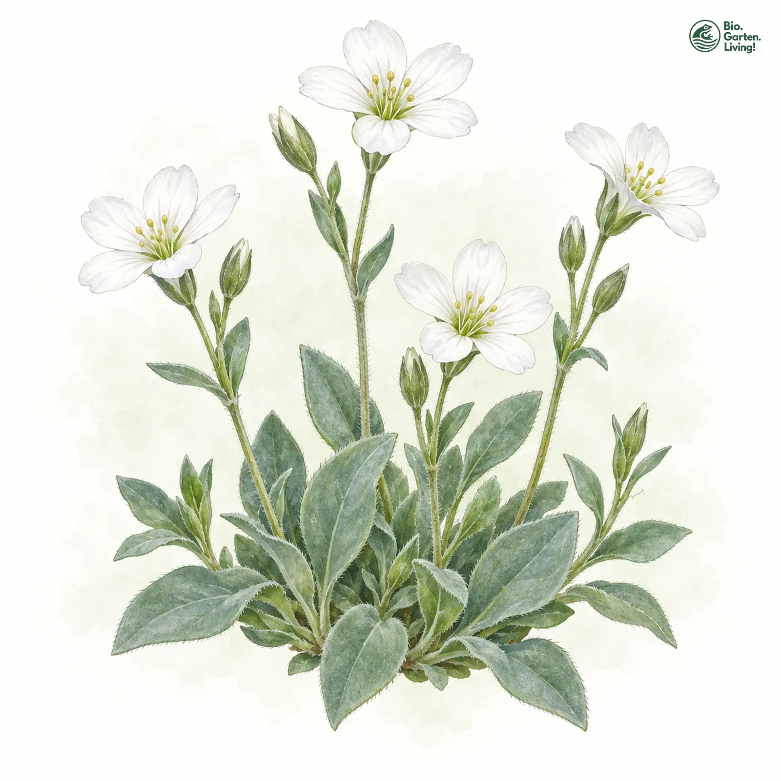 Aquarellzeichnung: Breitblättriges Hornkraut (Cerastium latifolium)