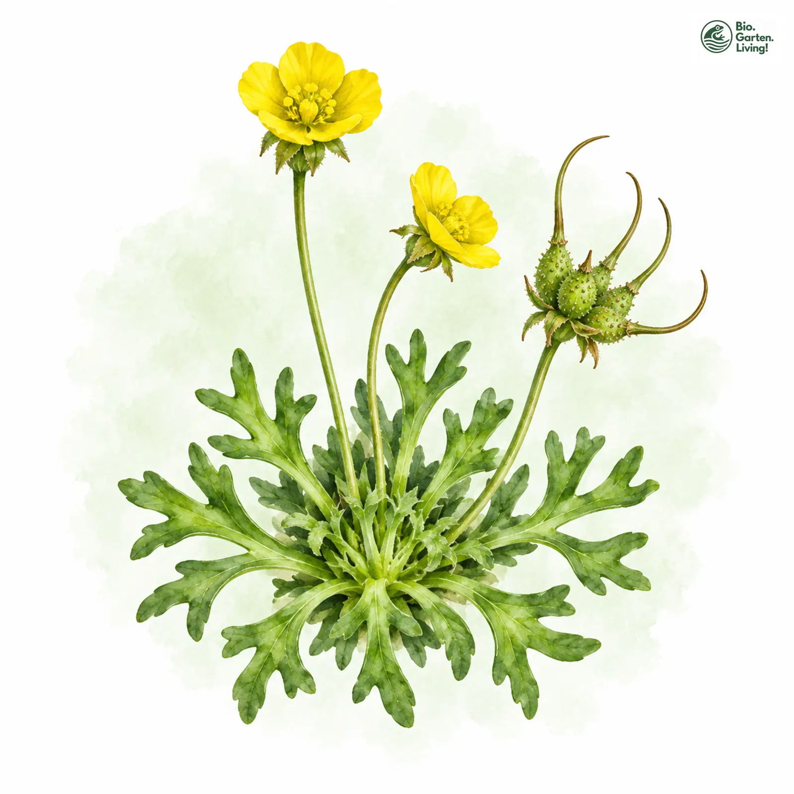 Aquarellzeichnung: Sichelfrüchtiges Hornköpfchen (Ceratocephala falcata)