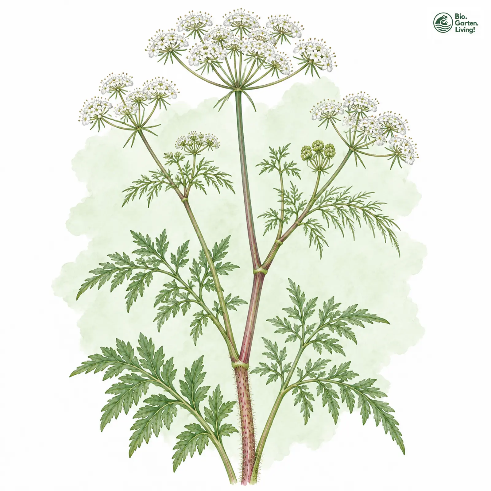 Aquarellzeichnung: Rüben-Kälberkropf (Chaerophyllum bulbosum)