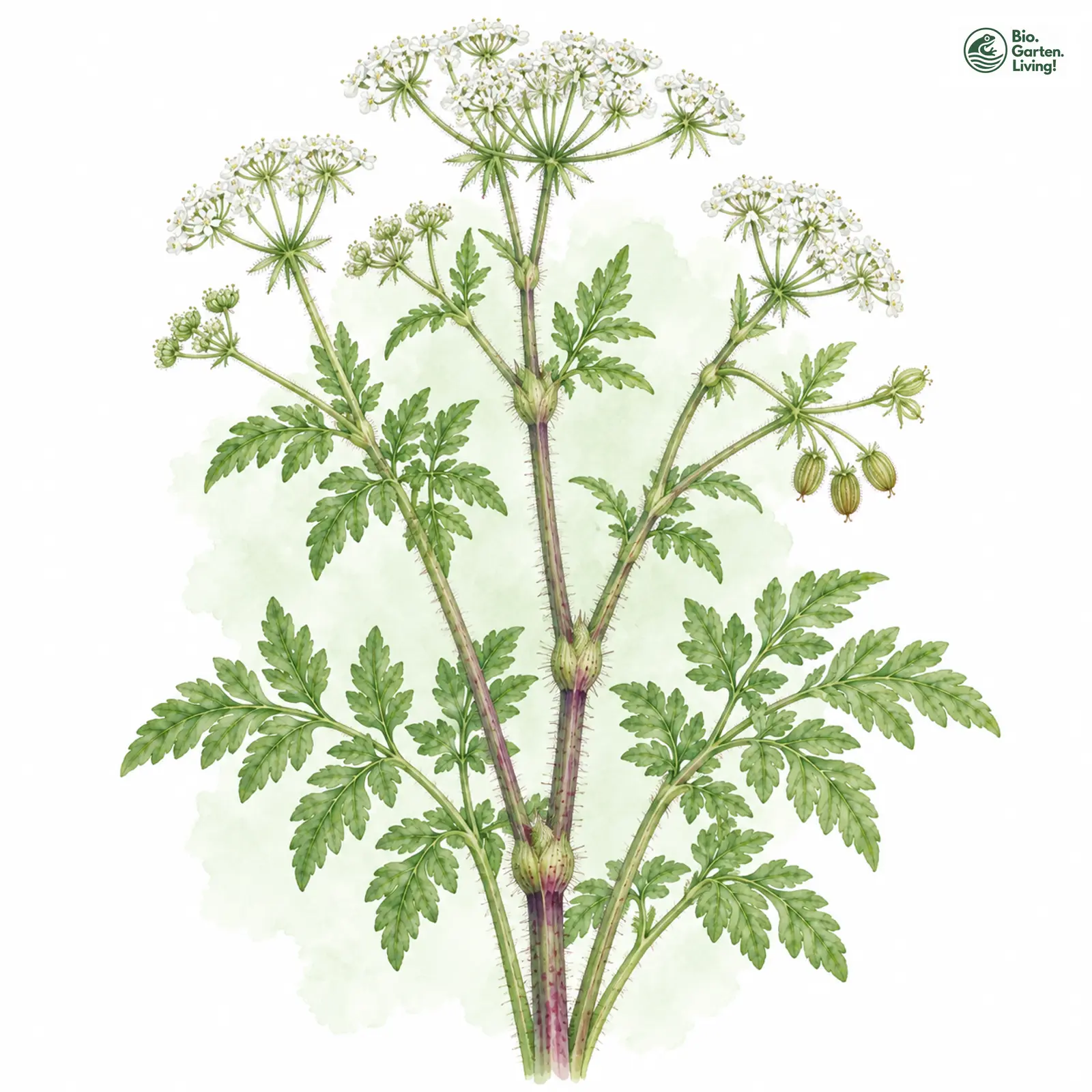 Aquarellzeichnung: Betäubender Kälberkropf (Chaerophyllum temulum)