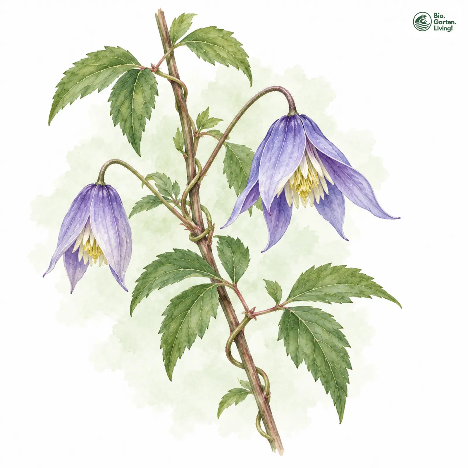 Aquarellzeichnung: Alpen-Waldrebe (Clematis alpina)