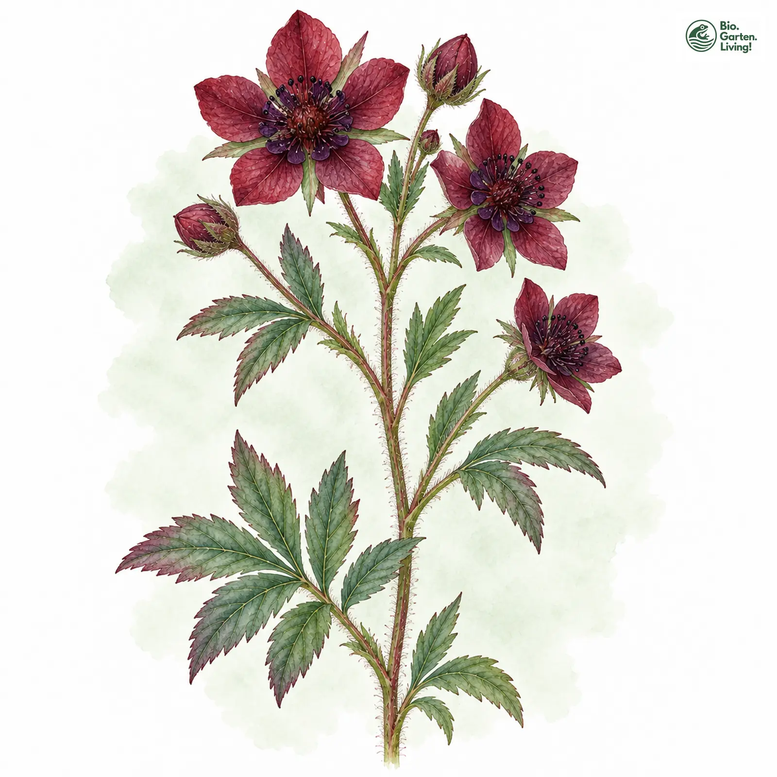 Aquarellzeichnung: Blutauge (Comarum palustre)