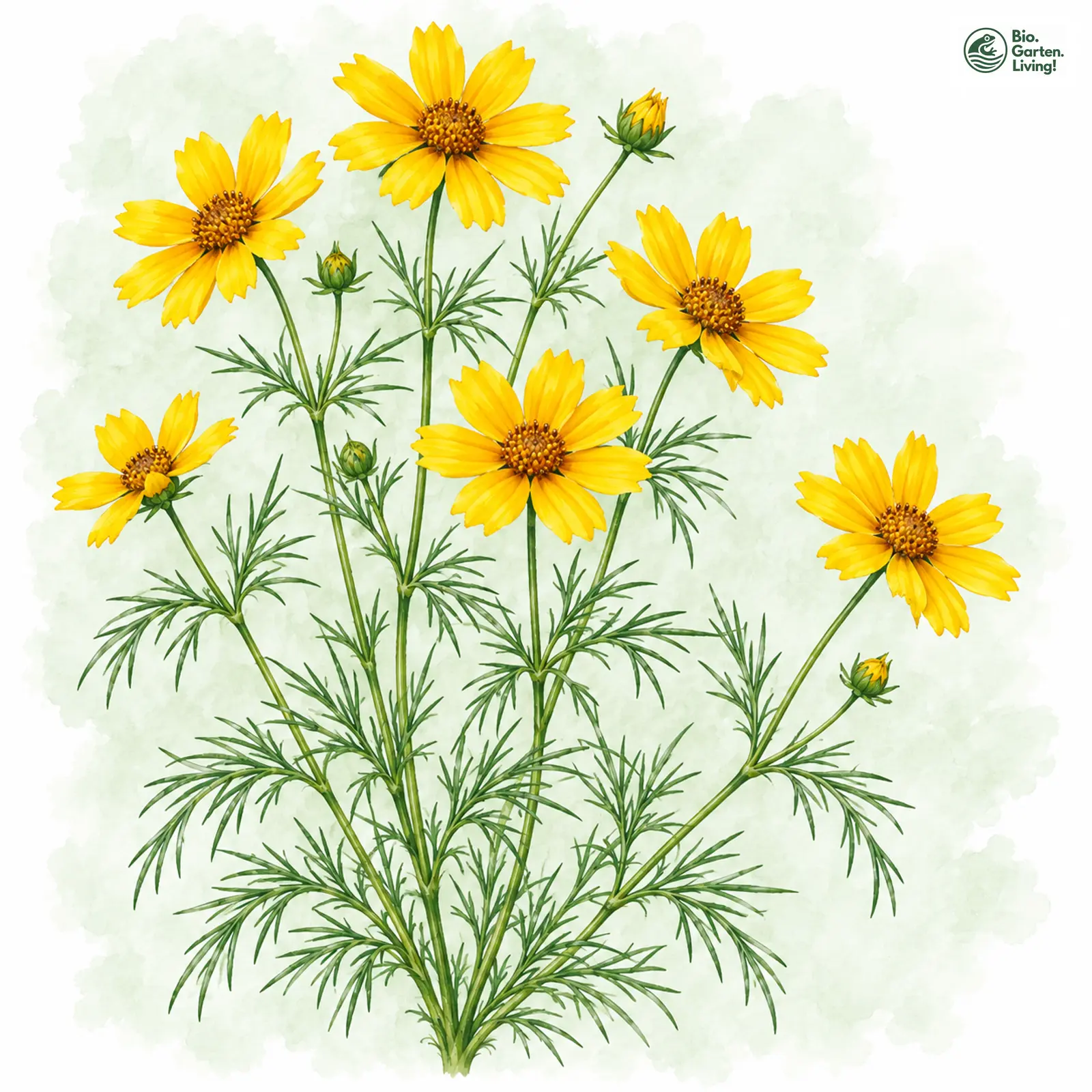 Aquarellzeichnung: Quirlblättriges Mädchenauge (Coreopsis verticillata)