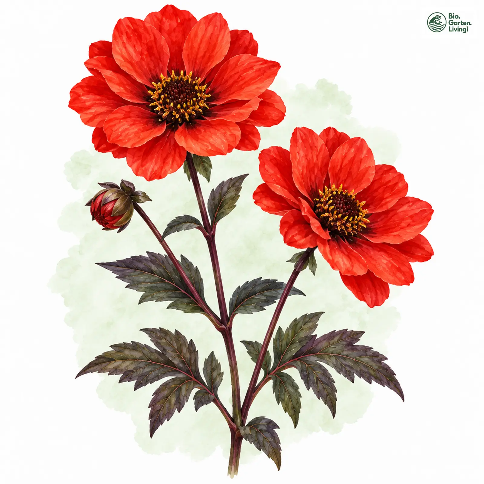 Aquarellzeichnung: Dahlie 'Bishop of Llandaff' (Dahlia 'Bishop of Llandaff')