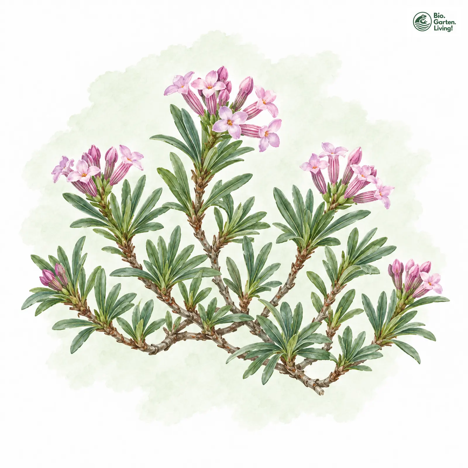 Aquarellzeichnung: Gestreifter Seidelbast (Daphne striata)