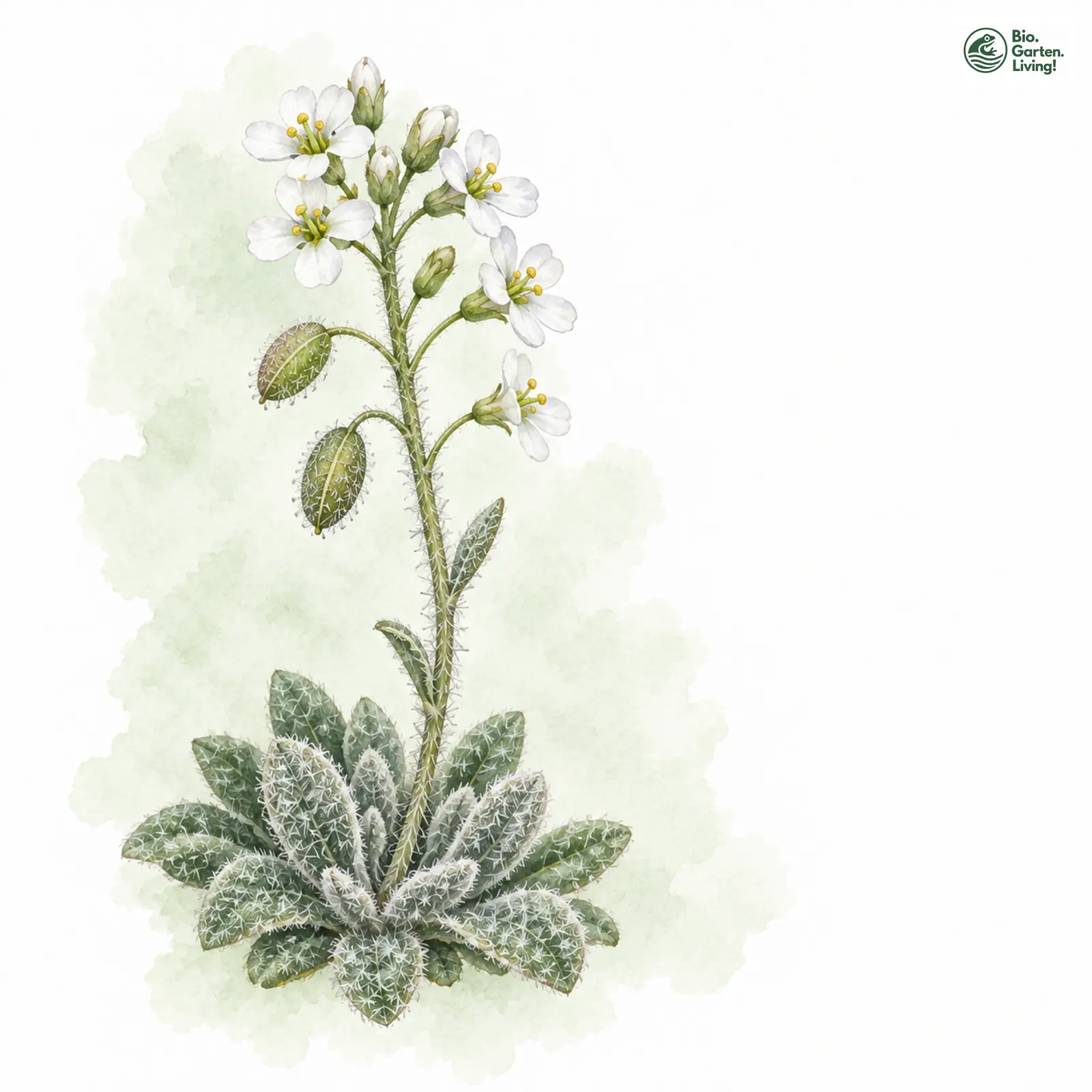 Aquarellzeichnung: Filz-Felsenblümchen (Draba tomentosa)