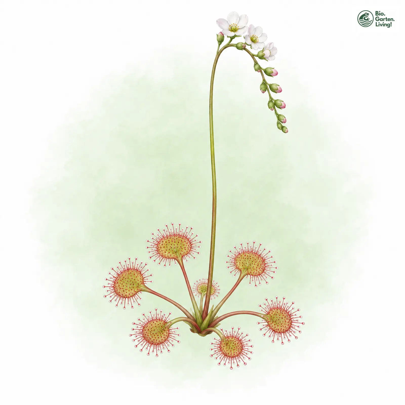 Aquarellzeichnung: Rundblättriger Sonnentau (Drosera rotundifolia)