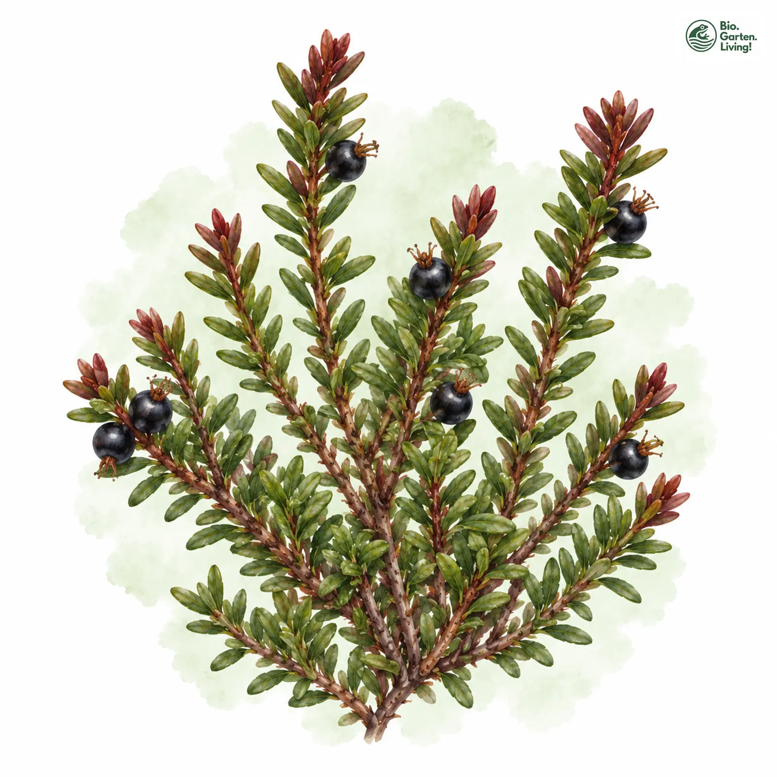 Aquarellzeichnung: Zwittrige Krähenbeere (Empetrum hermaphroditum)