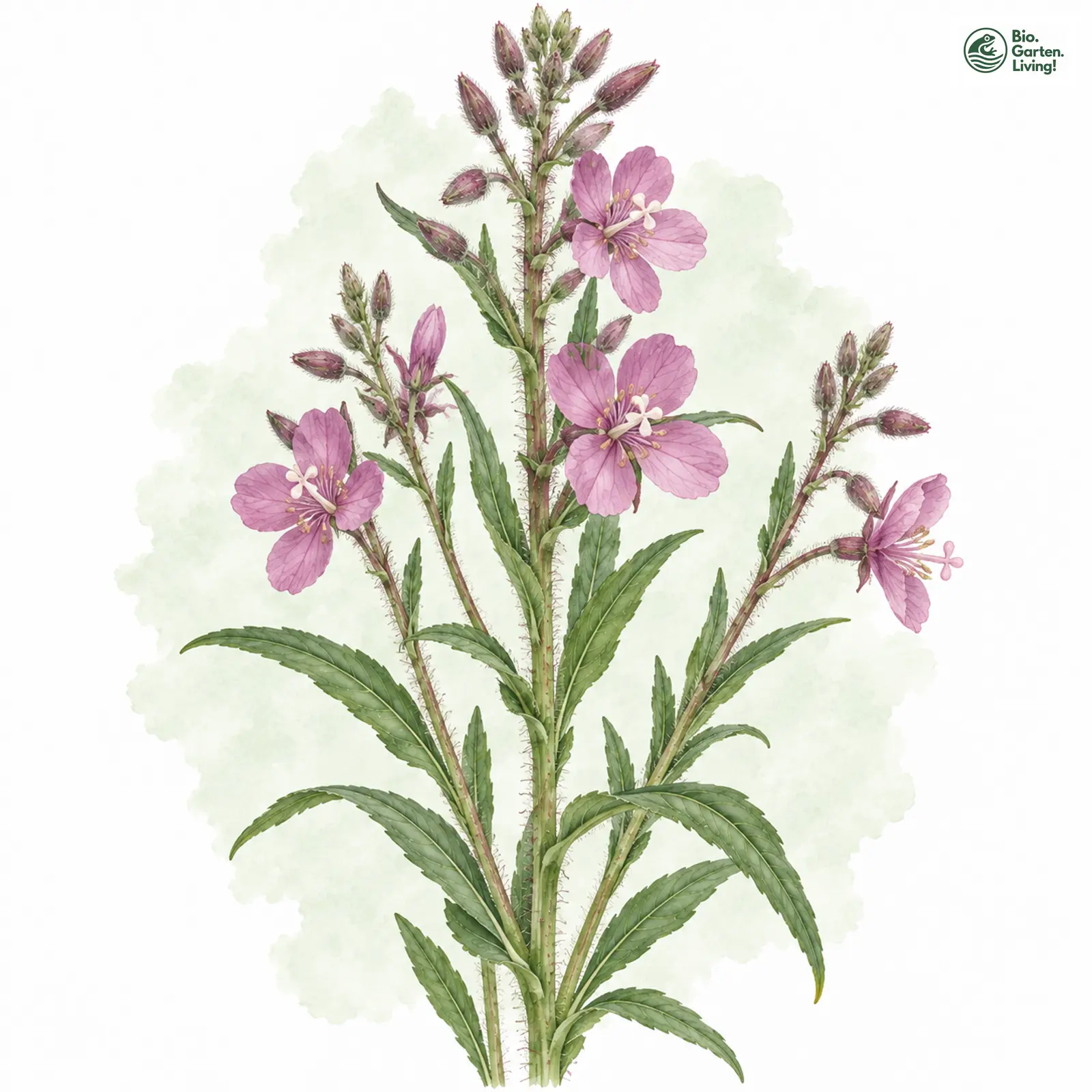 Aquarellzeichnung: Behaartes Weidenröschen (Epilobium hirsutum)