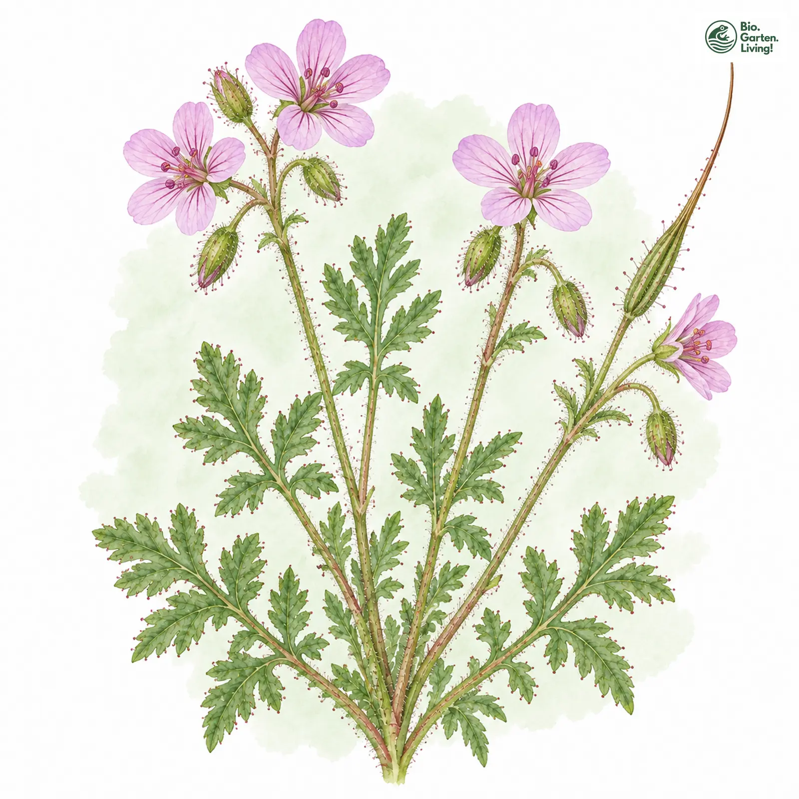 Aquarellzeichnung: Drüsiger Reiherschnabel (Erodium lebelii)