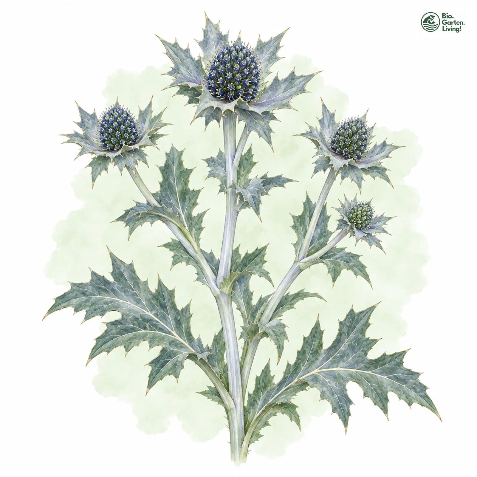 Aquarellzeichnung: Strand-Mannstreu (Eryngium maritimum)