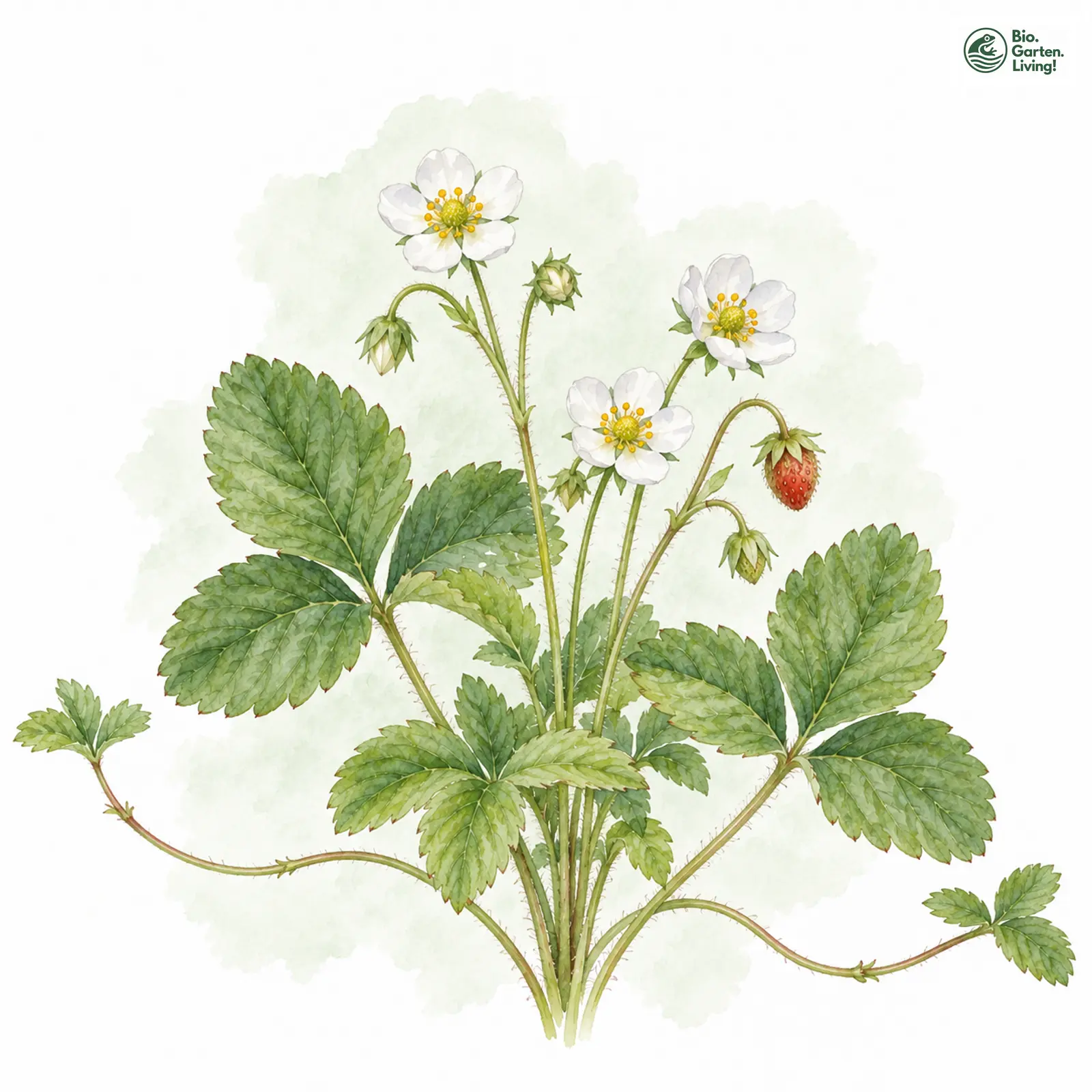 Aquarellzeichnung: Bastard-Erdbeere (Fragaria bifera)