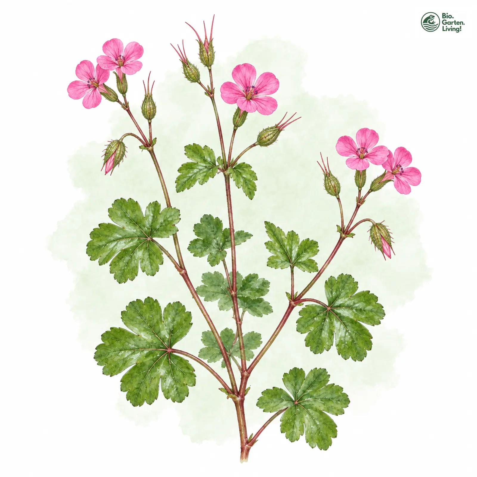 Aquarellzeichnung: Glänzender Storchschnabel (Geranium lucidum)