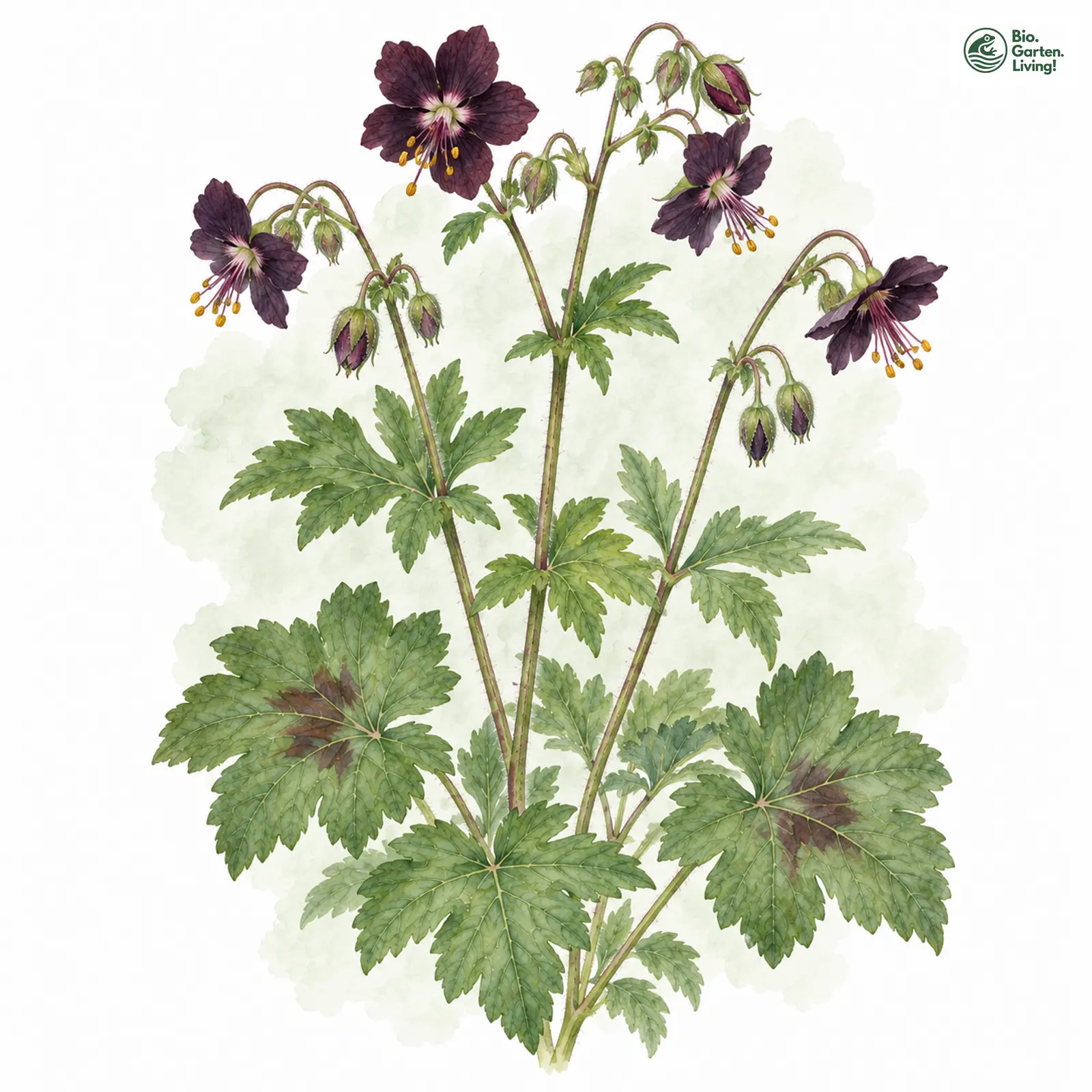 Aquarellzeichnung: Brauner Storchschnabel (Geranium phaeum)