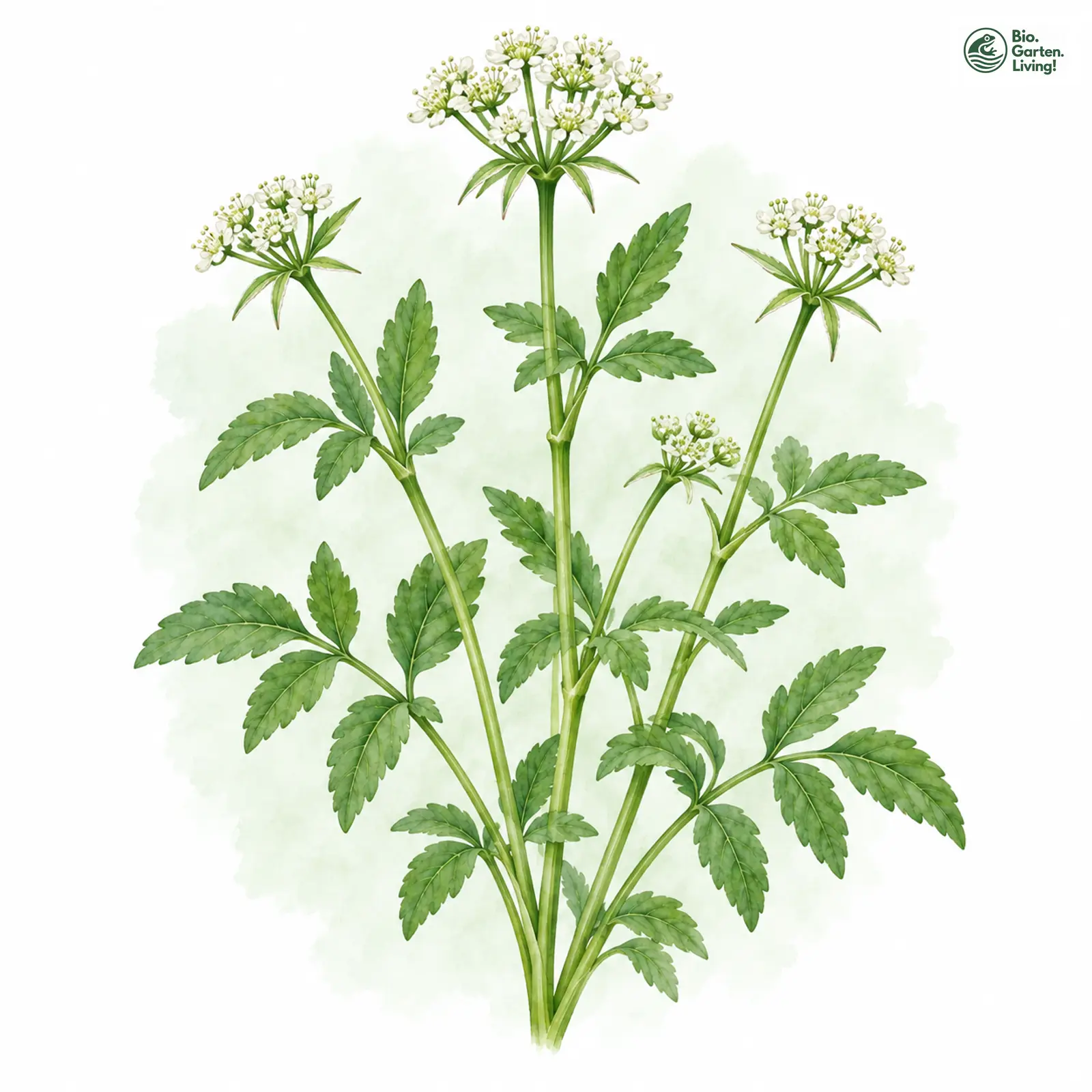 Aquarellzeichnung: Knotenblütiger Sumpfschirm (Helosciadium nodiflorum)