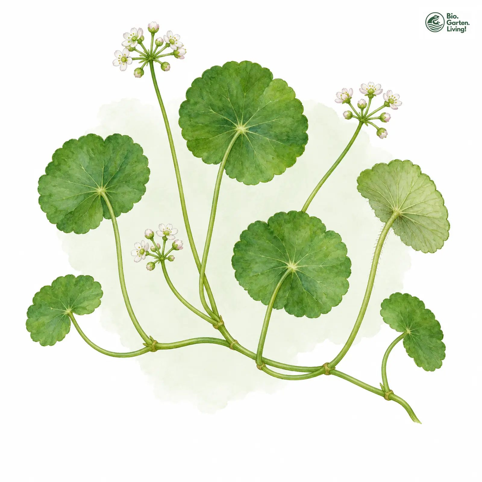 Aquarellzeichnung: Gewöhnlicher Wassernabel (Hydrocotyle vulgaris)