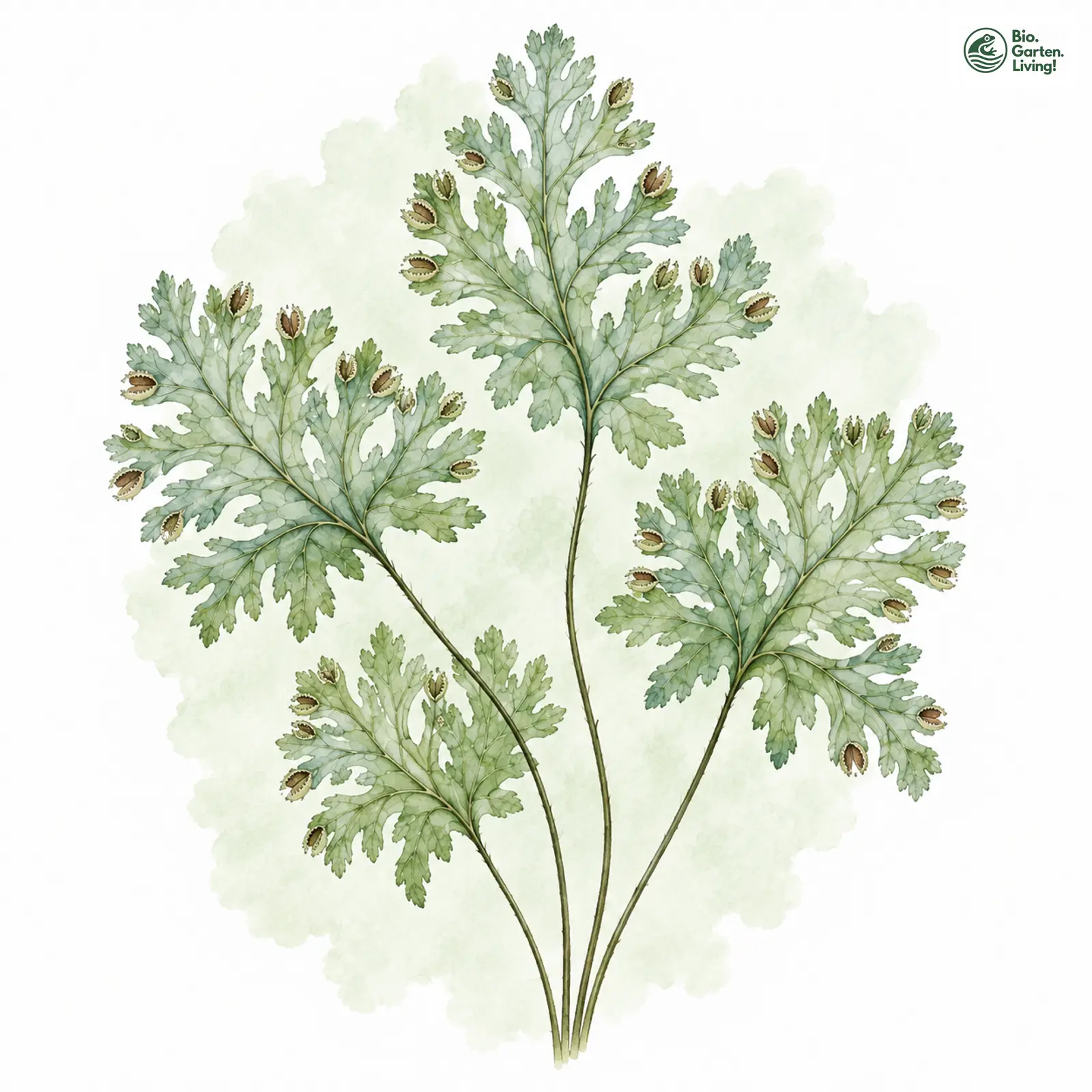 Aquarellzeichnung: Englischer Hautfarn (Hymenophyllum tunbrigense)