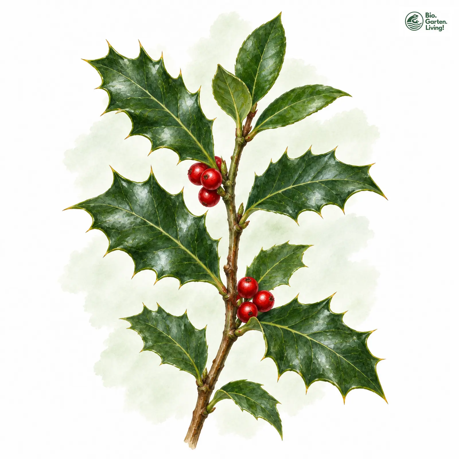 Aquarellzeichnung: Europäische Stechpalme (Ilex aquifolium)