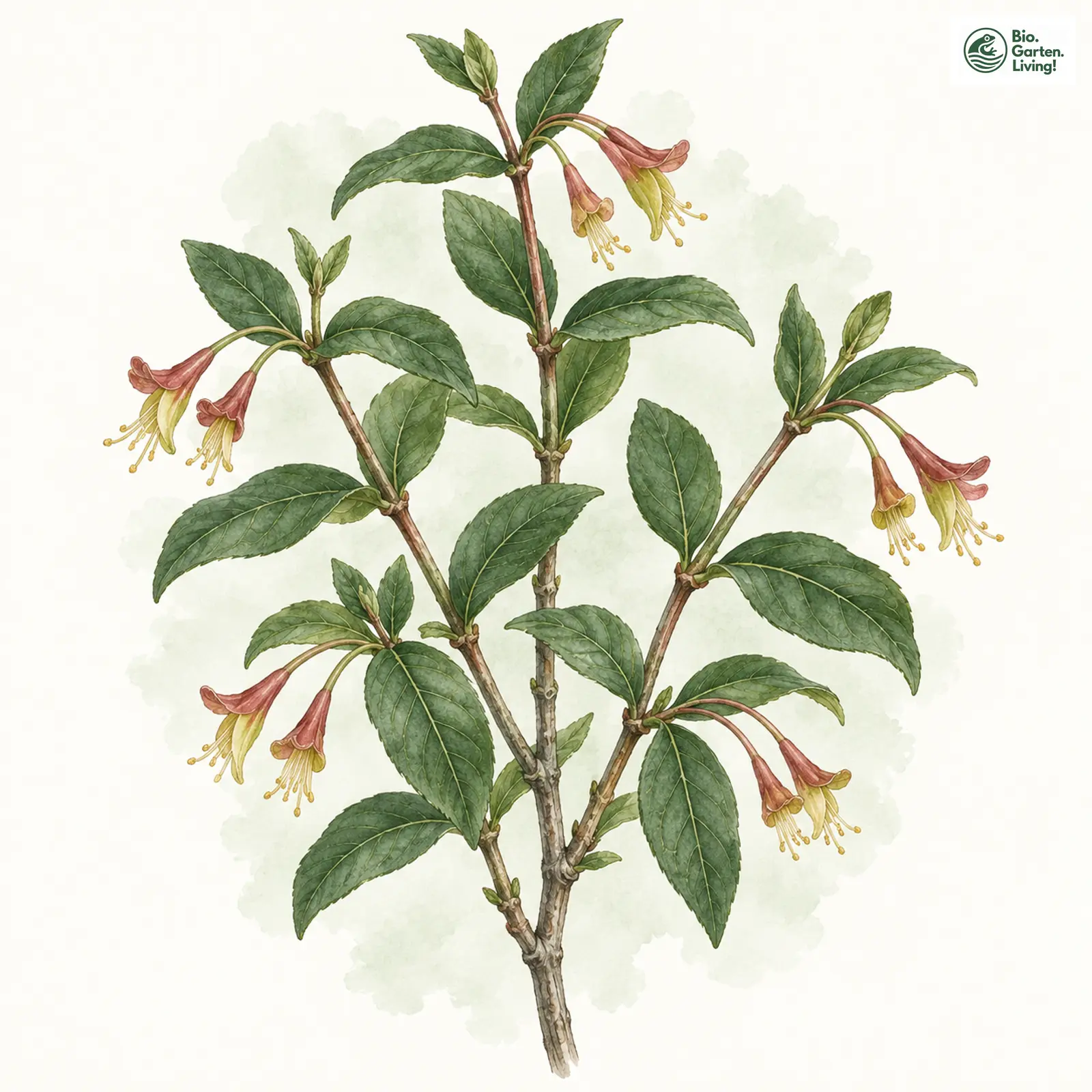 Aquarellzeichnung: Alpen-Heckenkirsche (Lonicera alpigena)
