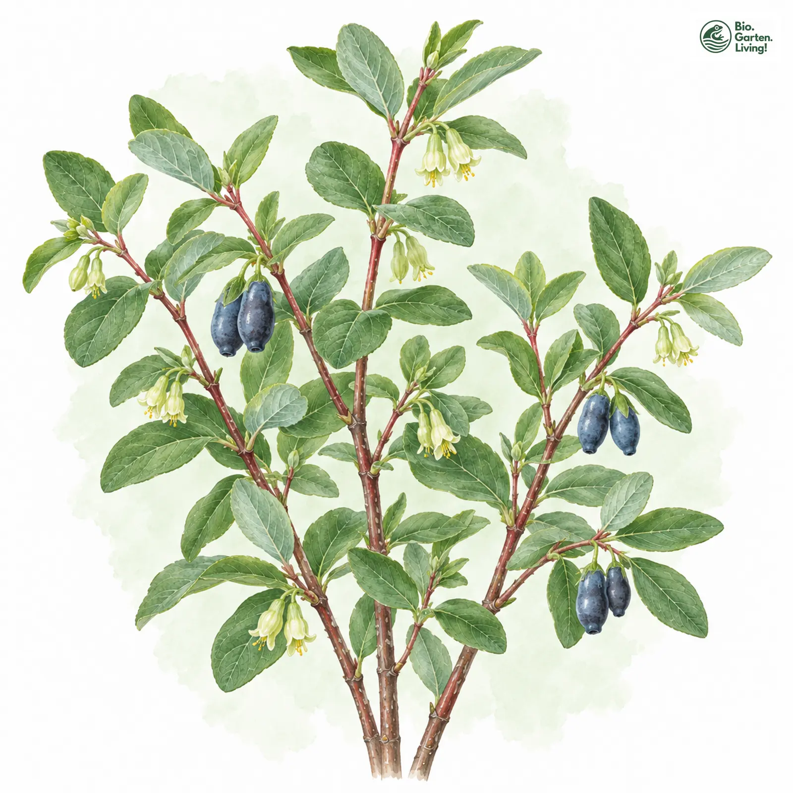 Aquarellzeichnung: Blaue Heckenkirsche (Lonicera caerulea)