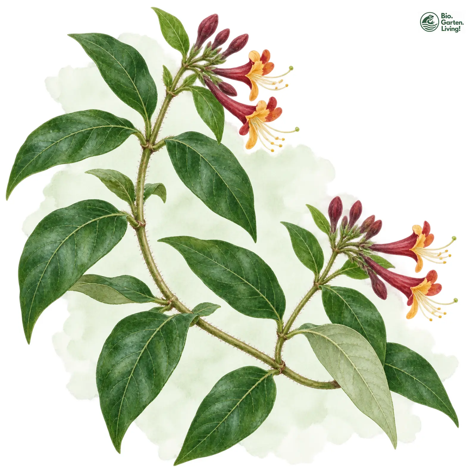 Aquarellzeichnung: Immergrünes Geißblatt (Lonicera henryi)