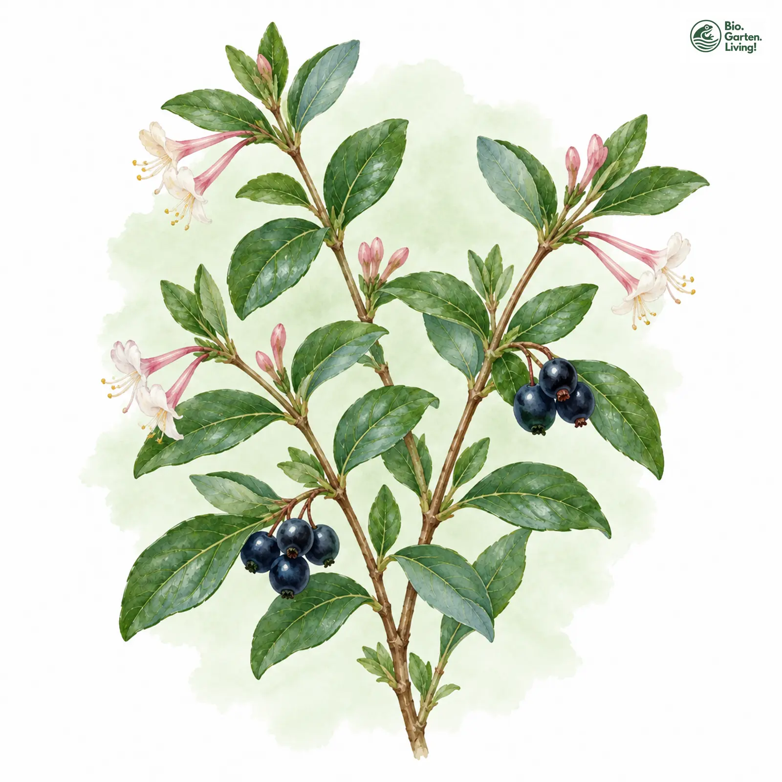 Aquarellzeichnung: Schwarze Heckenkirsche (Lonicera nigra)