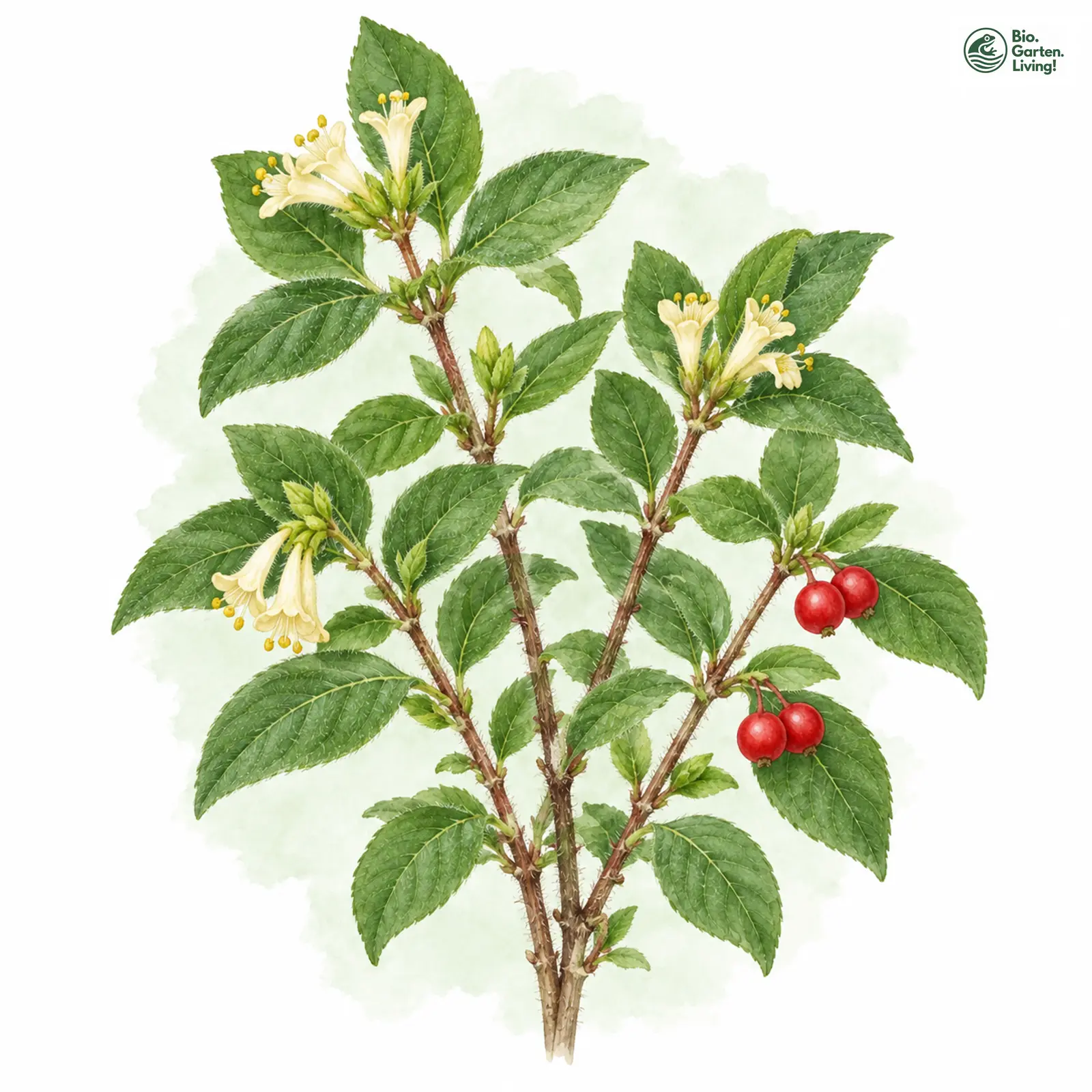 Aquarellzeichnung: Rote Heckenkirsche (Lonicera xylosteum)