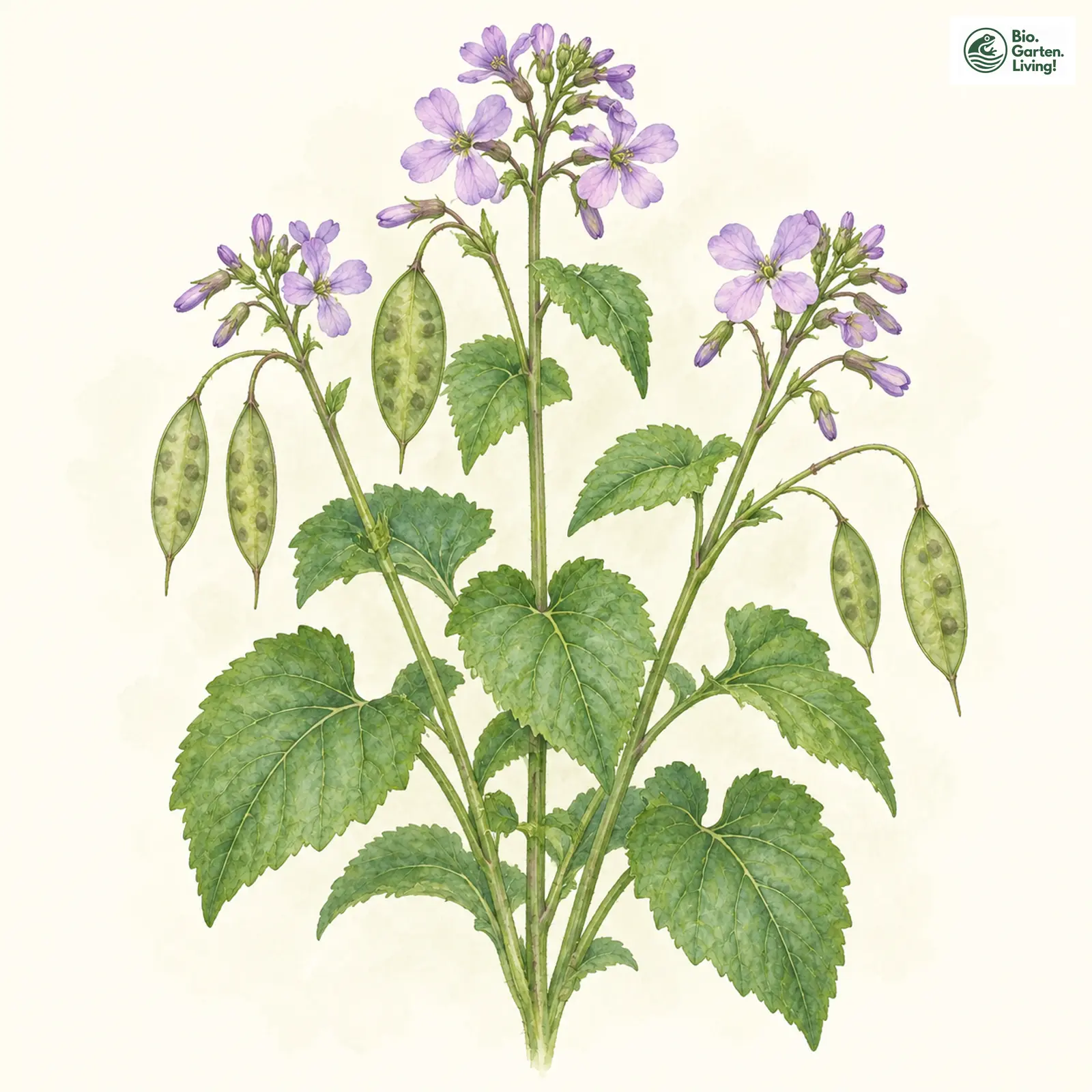Aquarellzeichnung: Ausdauerndes Silberblatt (Lunaria rediviva)