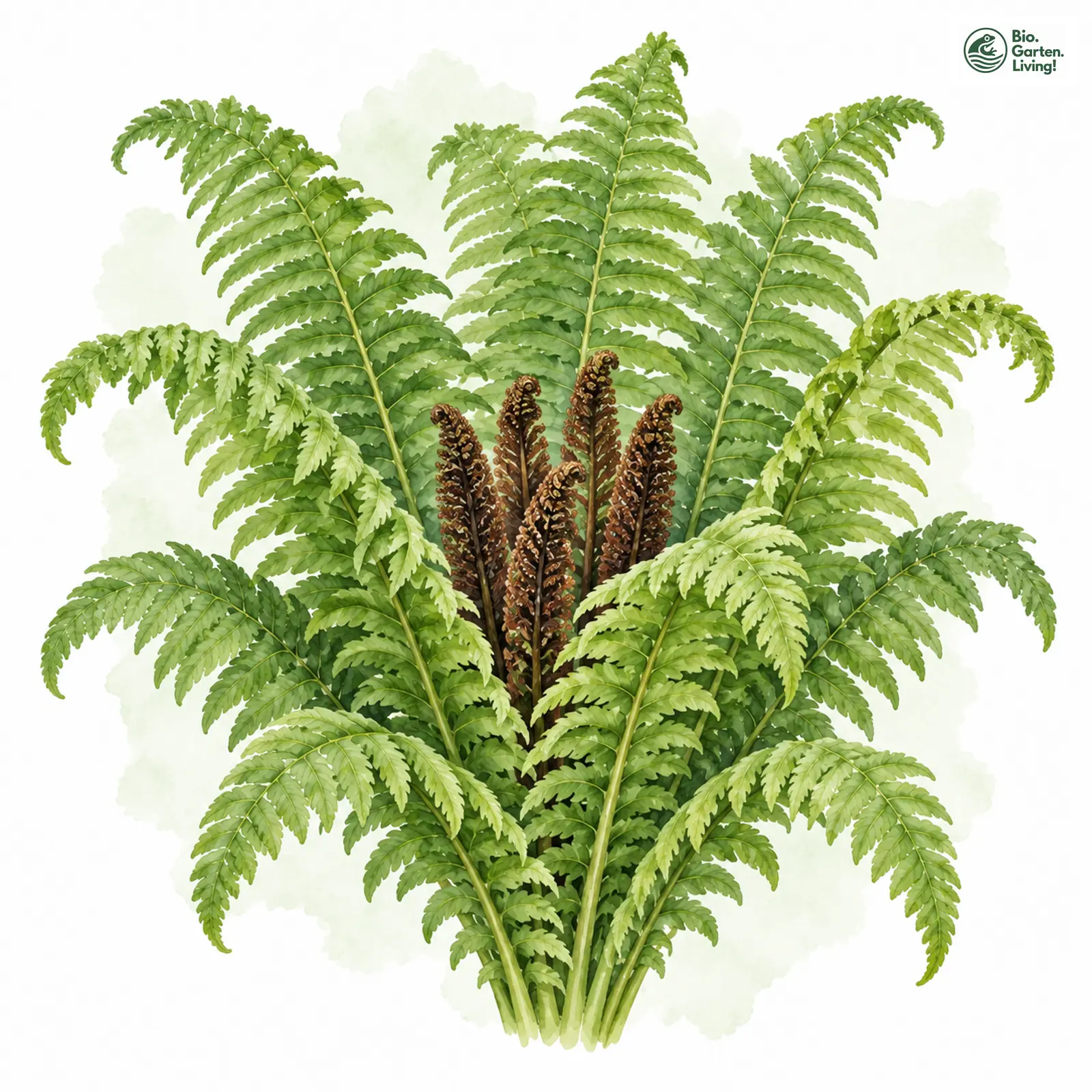 Aquarellzeichnung: Straußenfarn (Matteuccia struthiopteris)