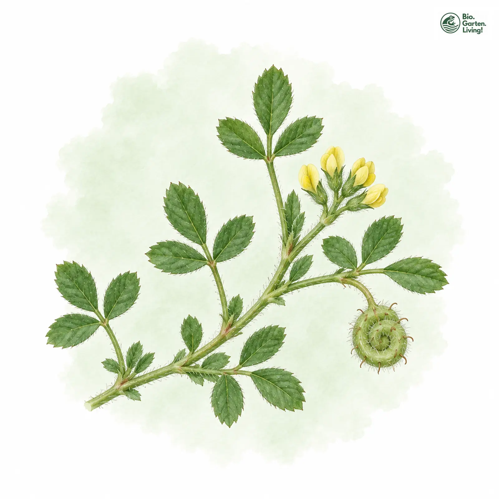 Aquarellzeichnung: Zwerg-Schneckenklee (Medicago minima)