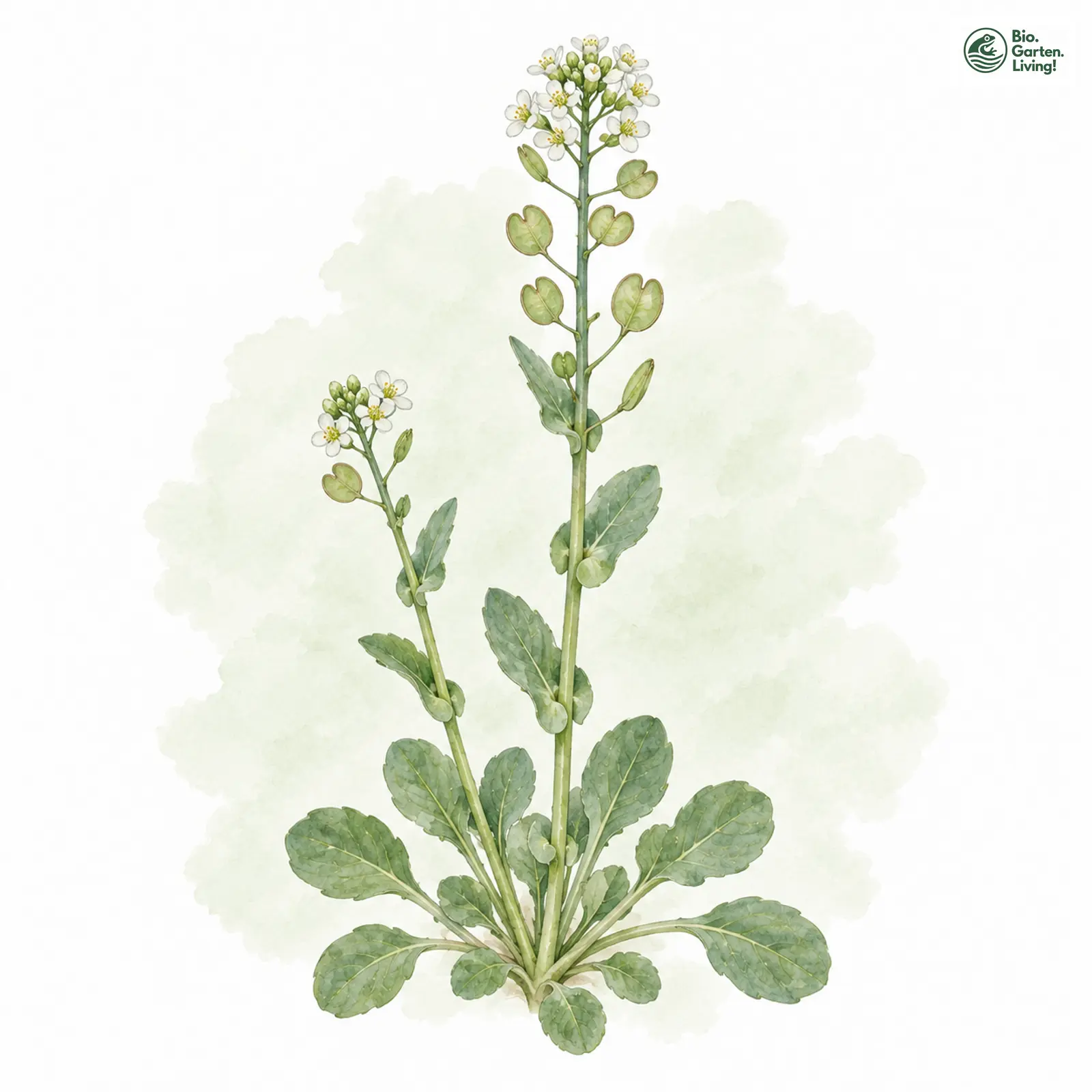 Aquarellzeichnung: Durchwachsenblättriges Kleintäschelkraut (Microthlaspi perfoliatum)