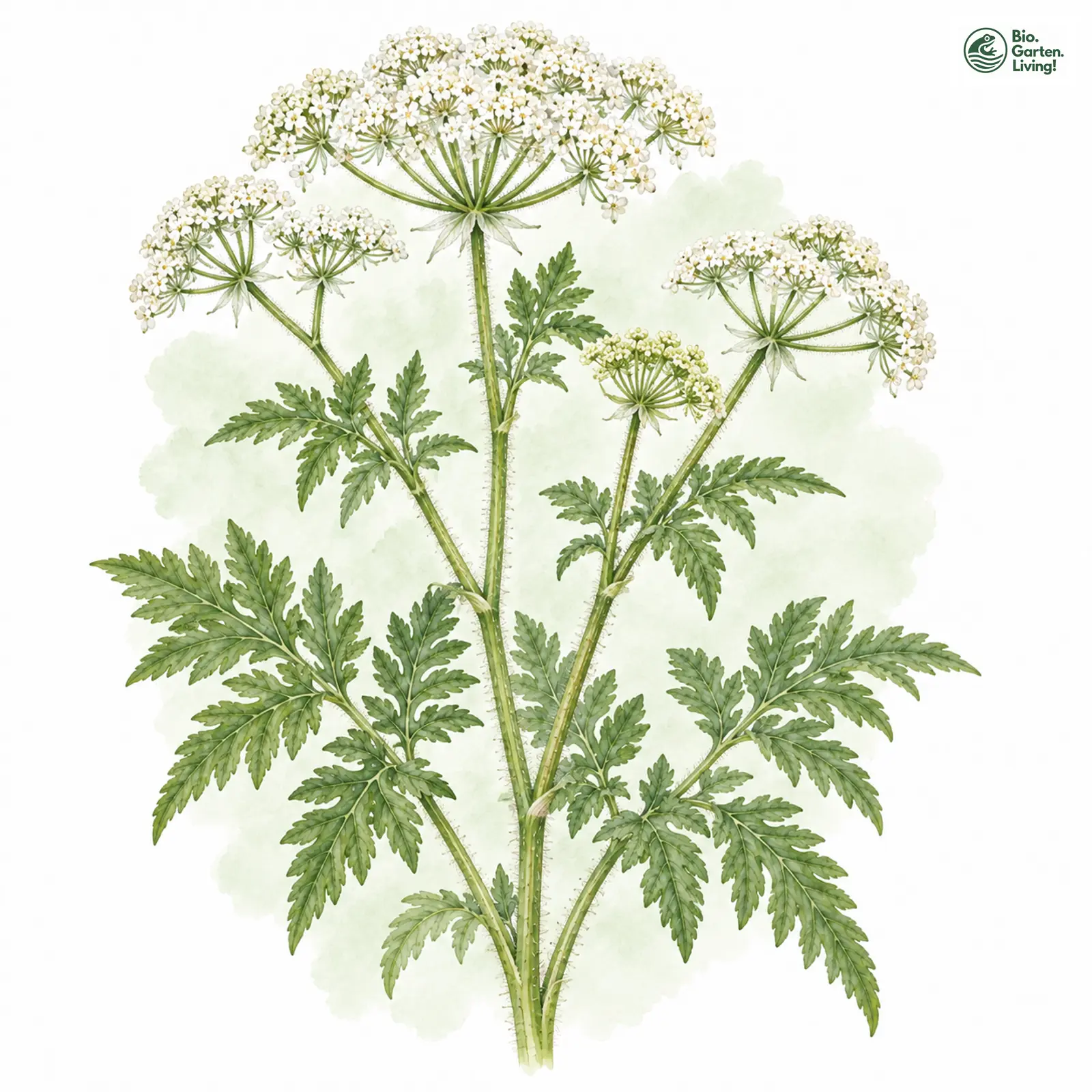 Aquarellzeichnung: Echte Süßdolde (Myrrhis odorata)