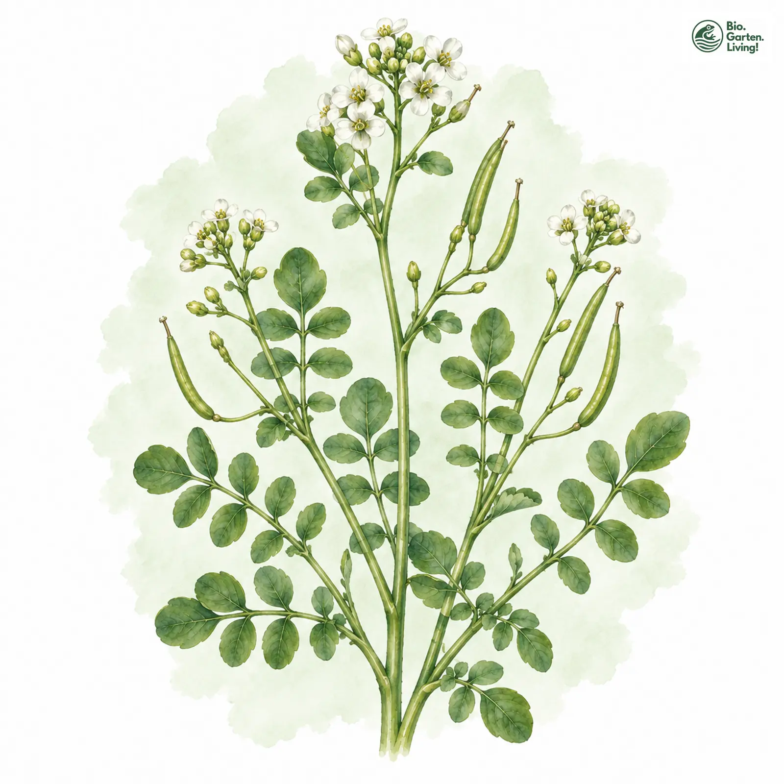 Aquarellzeichnung: Einreihige Brunnenkresse (Nasturtium microphyllum)
