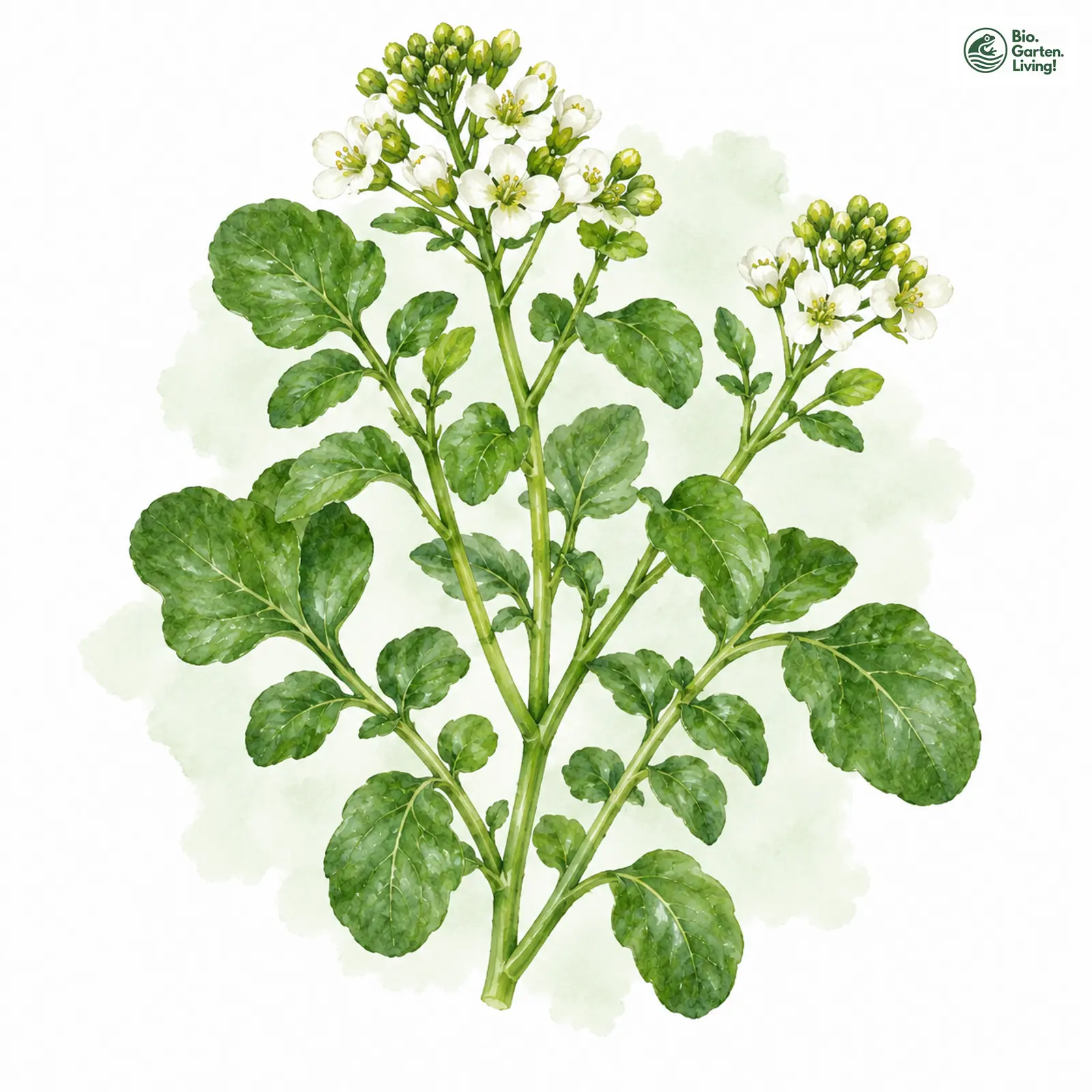 Aquarellzeichnung: Gewöhnliche Brunnenkresse (Nasturtium officinale)