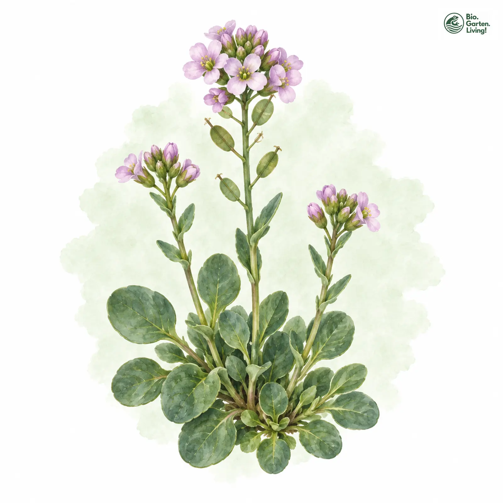 Aquarellzeichnung: Rundblättriges Täschelkraut (Noccaea rotundifolia)