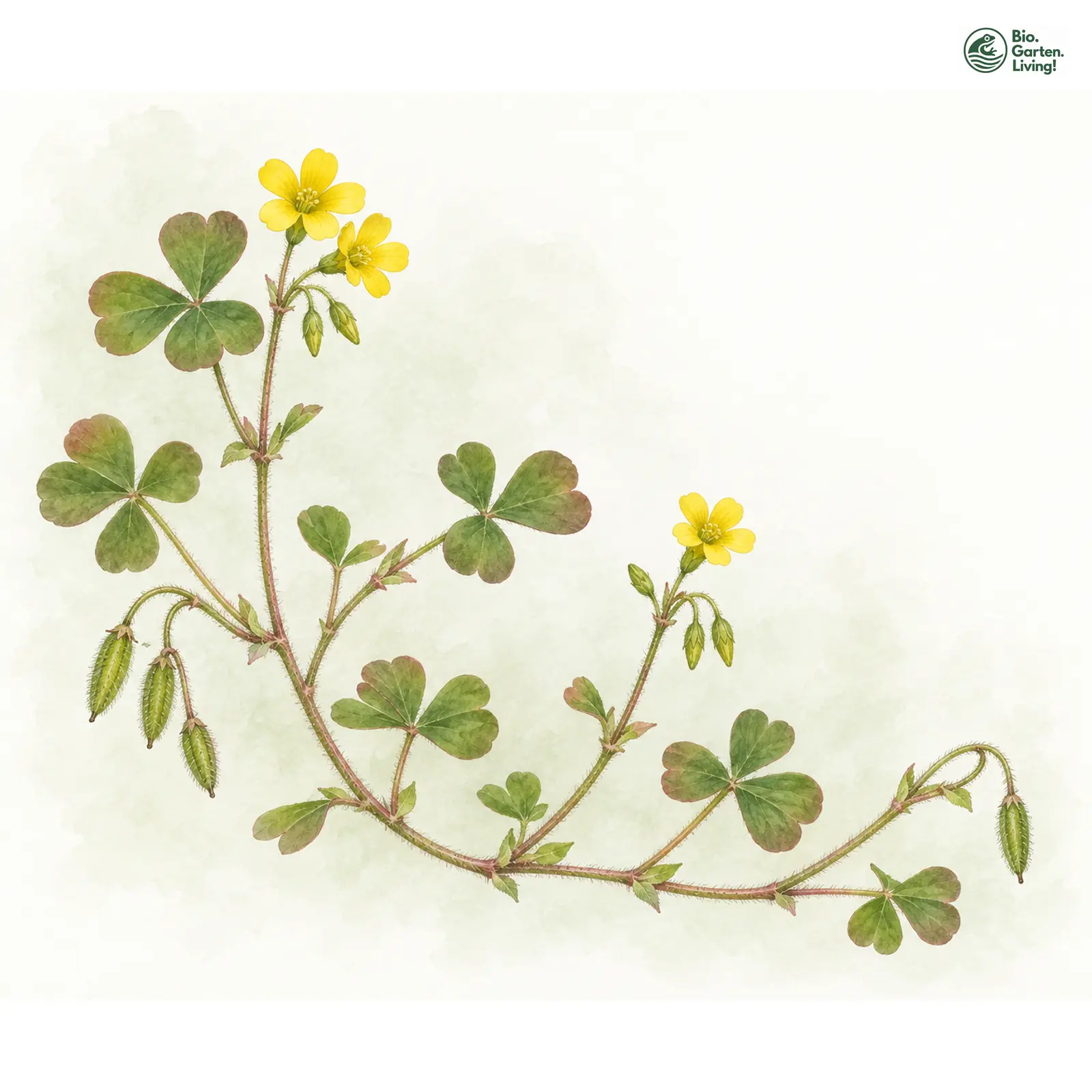 Aquarellzeichnung: Gehörnter Sauerklee (Oxalis corniculata)