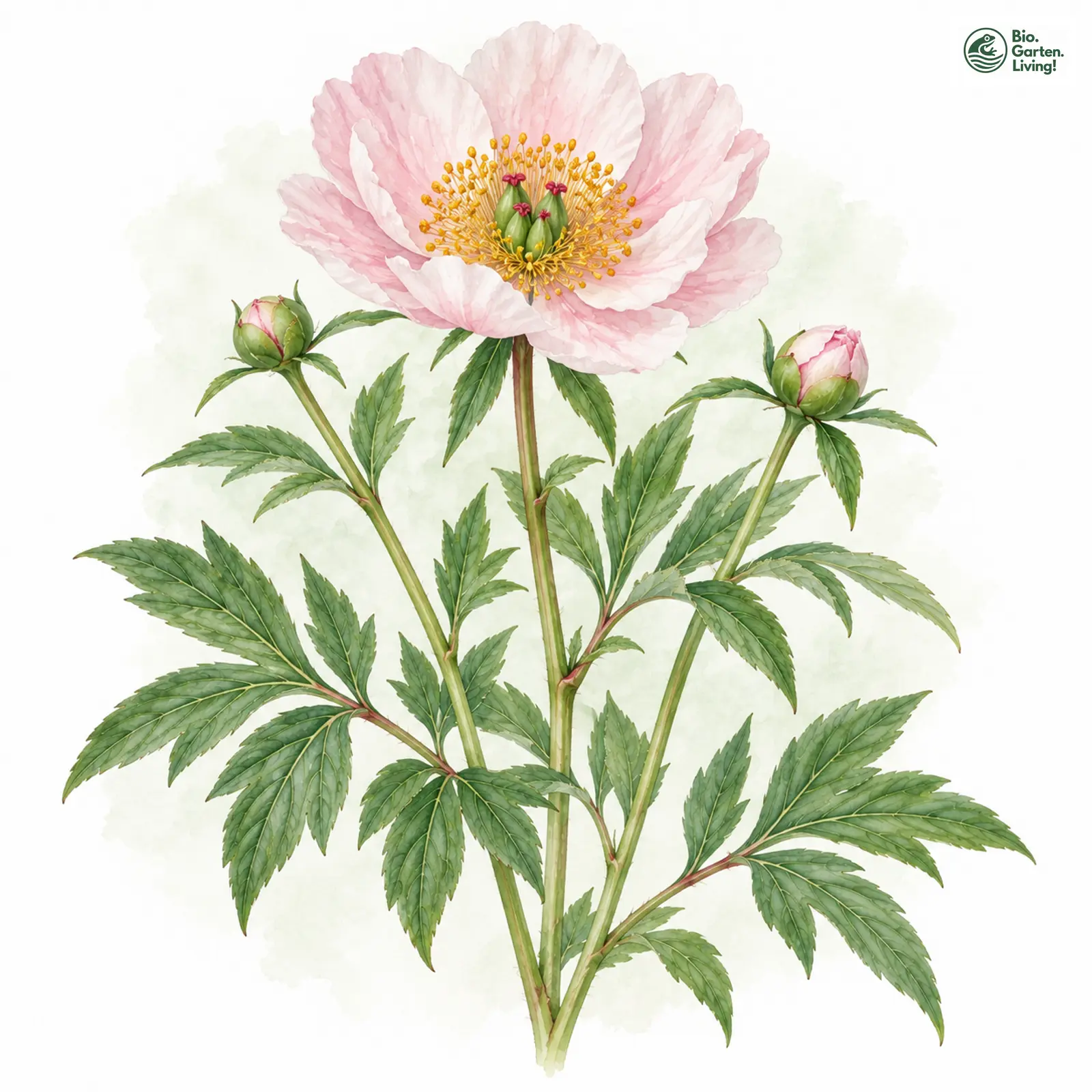 Aquarellzeichnung: Chinesische Pfingstrose (Paeonia lactiflora)