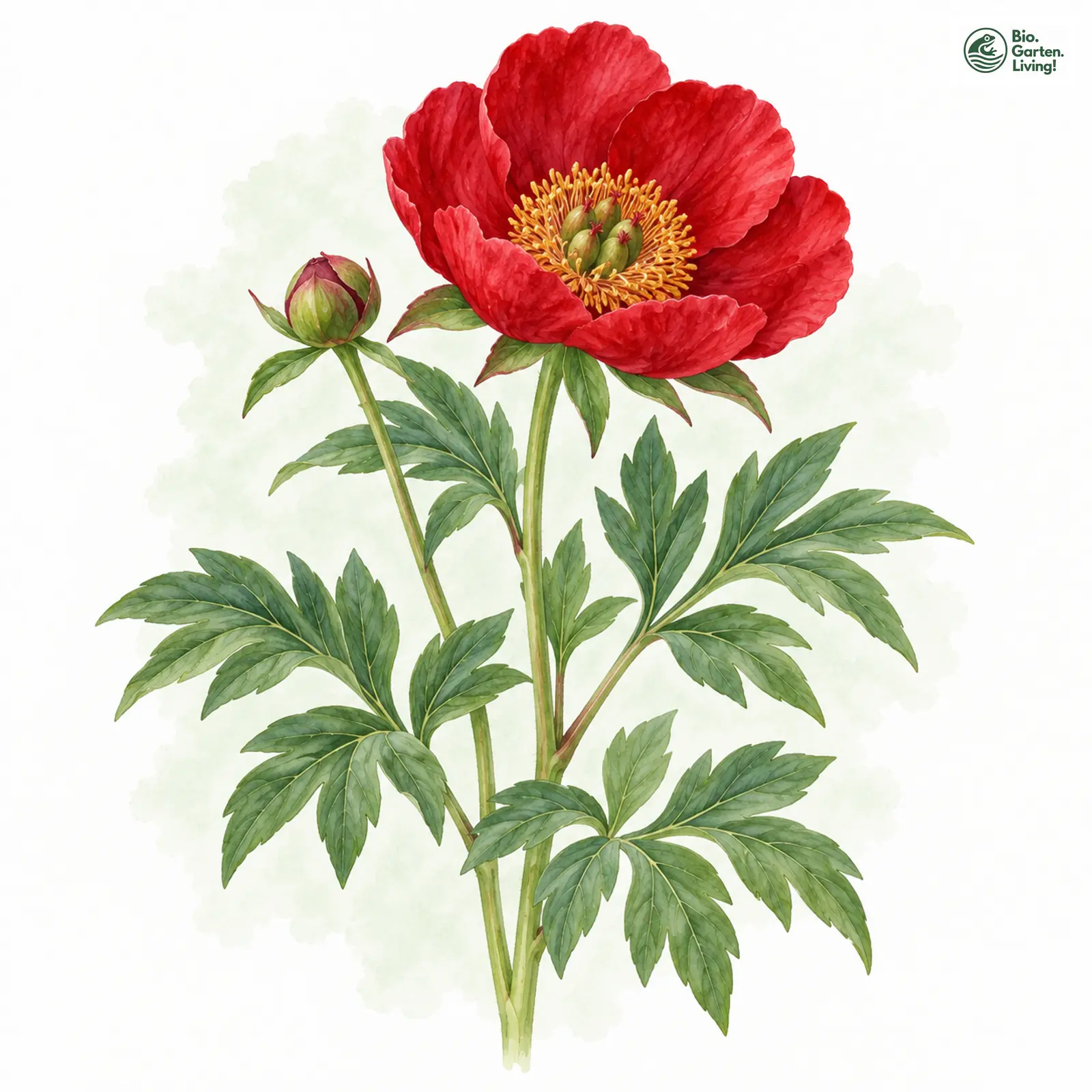 Aquarellzeichnung: Bauern-Pfingstrose (Paeonia officinalis)