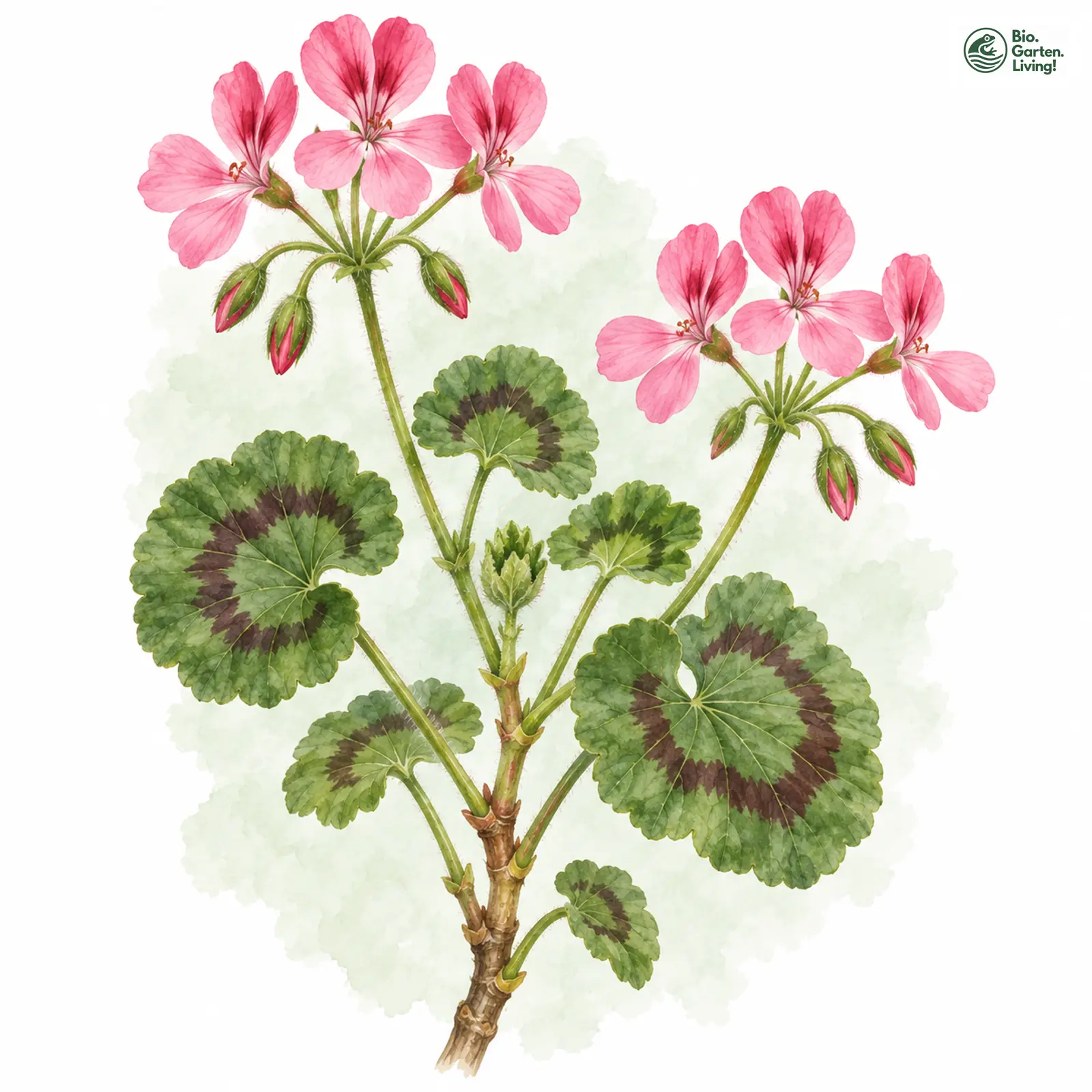 Aquarellzeichnung: Zonen-Pelargonie (Pelargonium zonale)